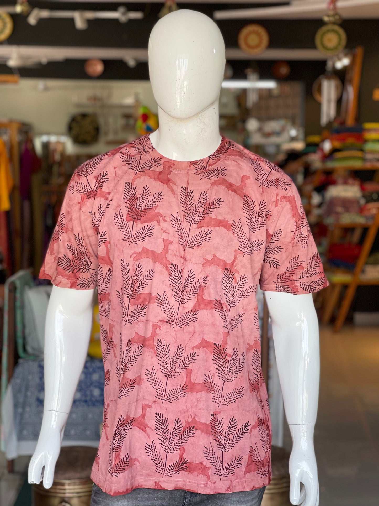 Leaves and animals design hand block printed natural dyed mens cotton t-shirt