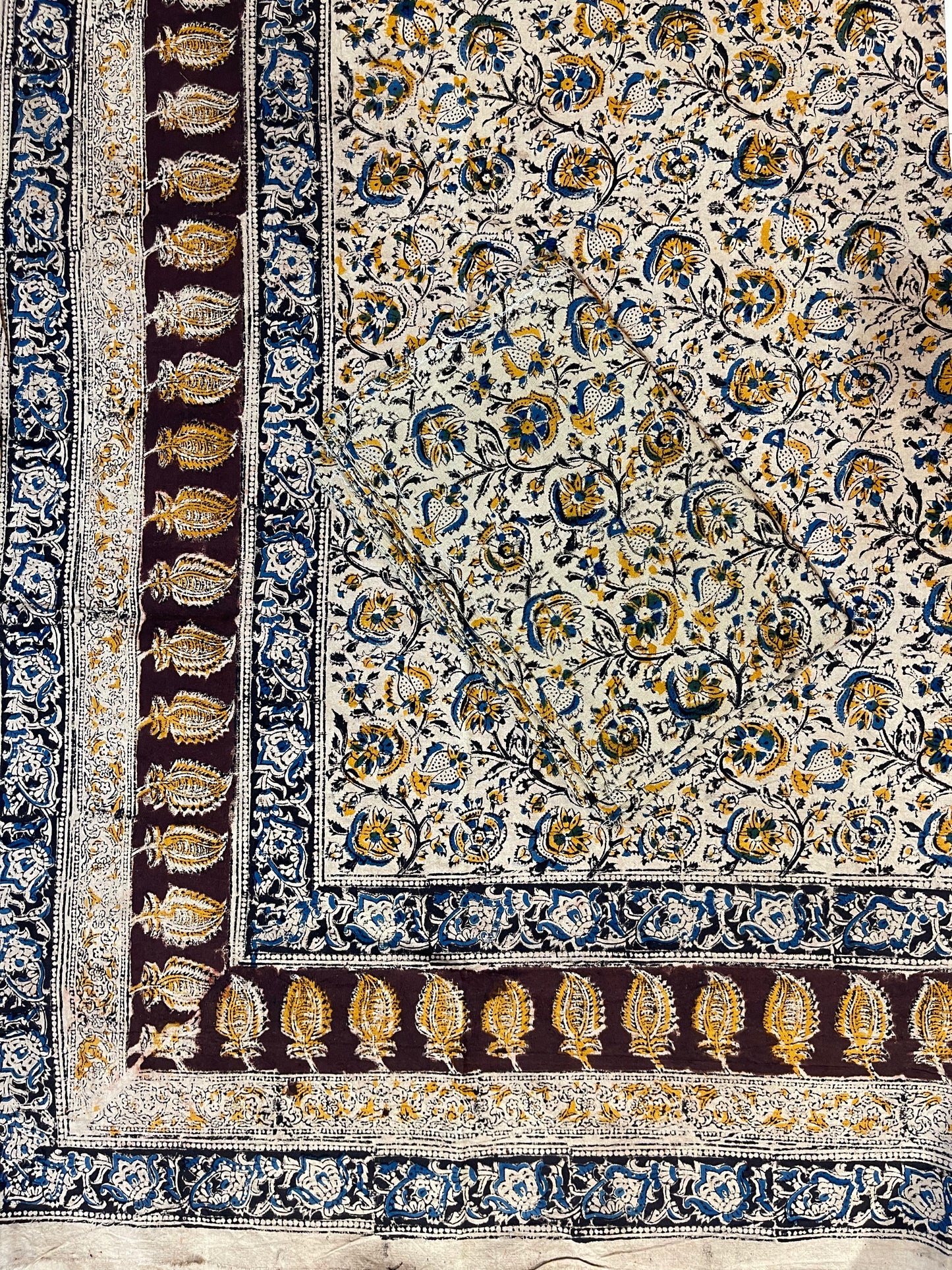 Beige brown floral Kalamkari hand block print single 60 x 90 inches size bedsheet with one pillow case