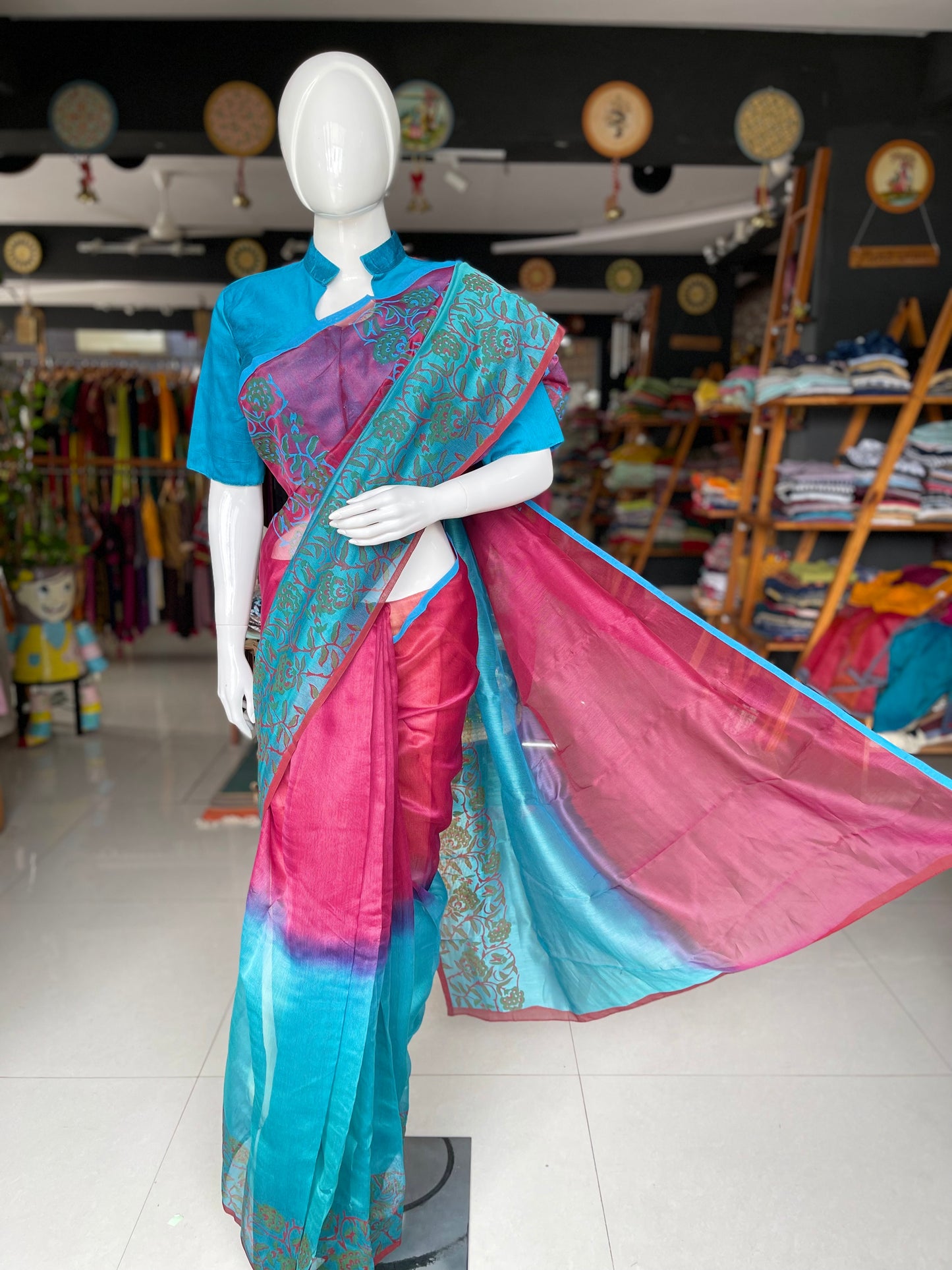 Pink and blue floral hand block pure silk sheer saree