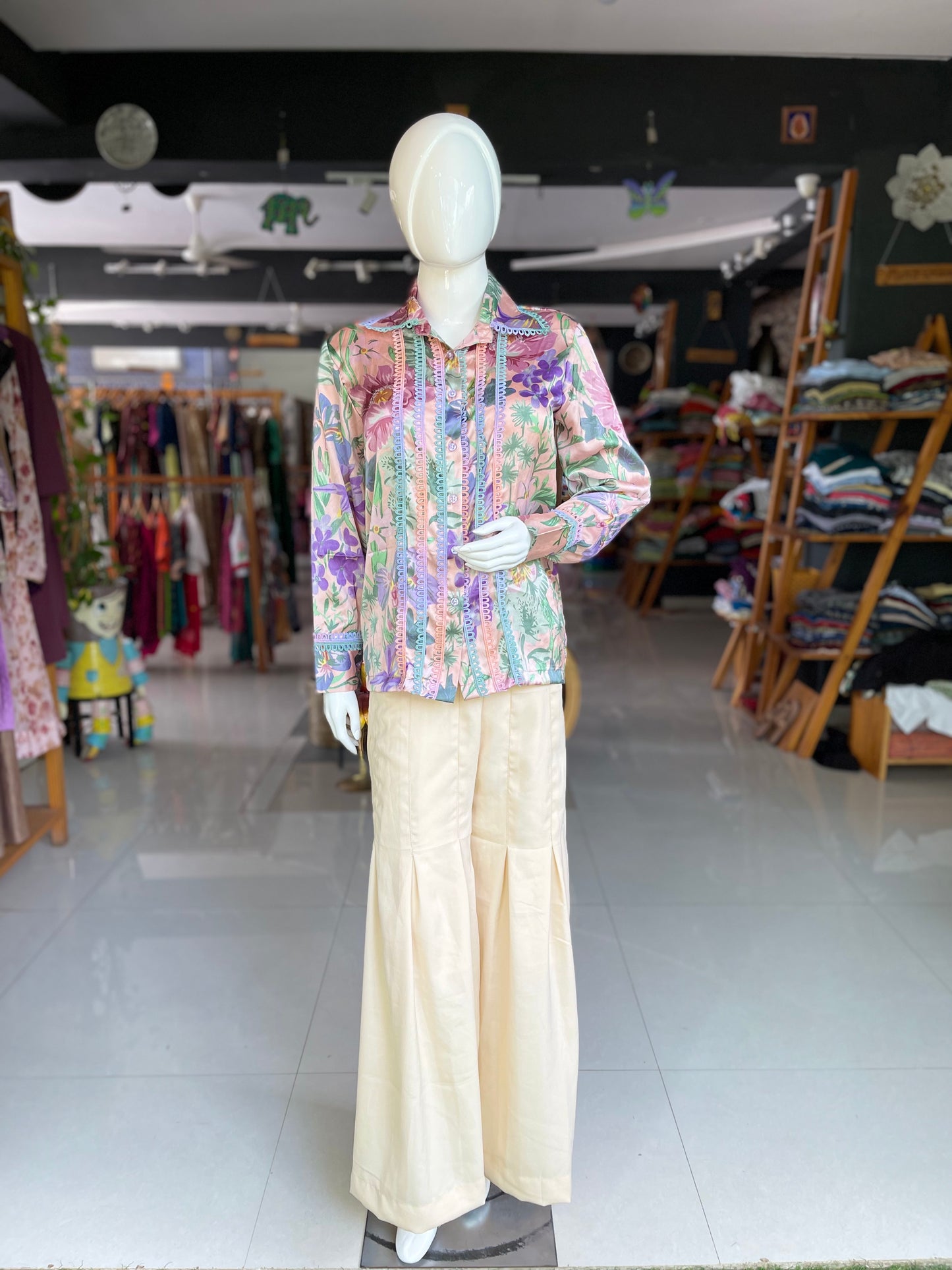 Satin floral full sleeves Women’s shirt with pastel ombré lace