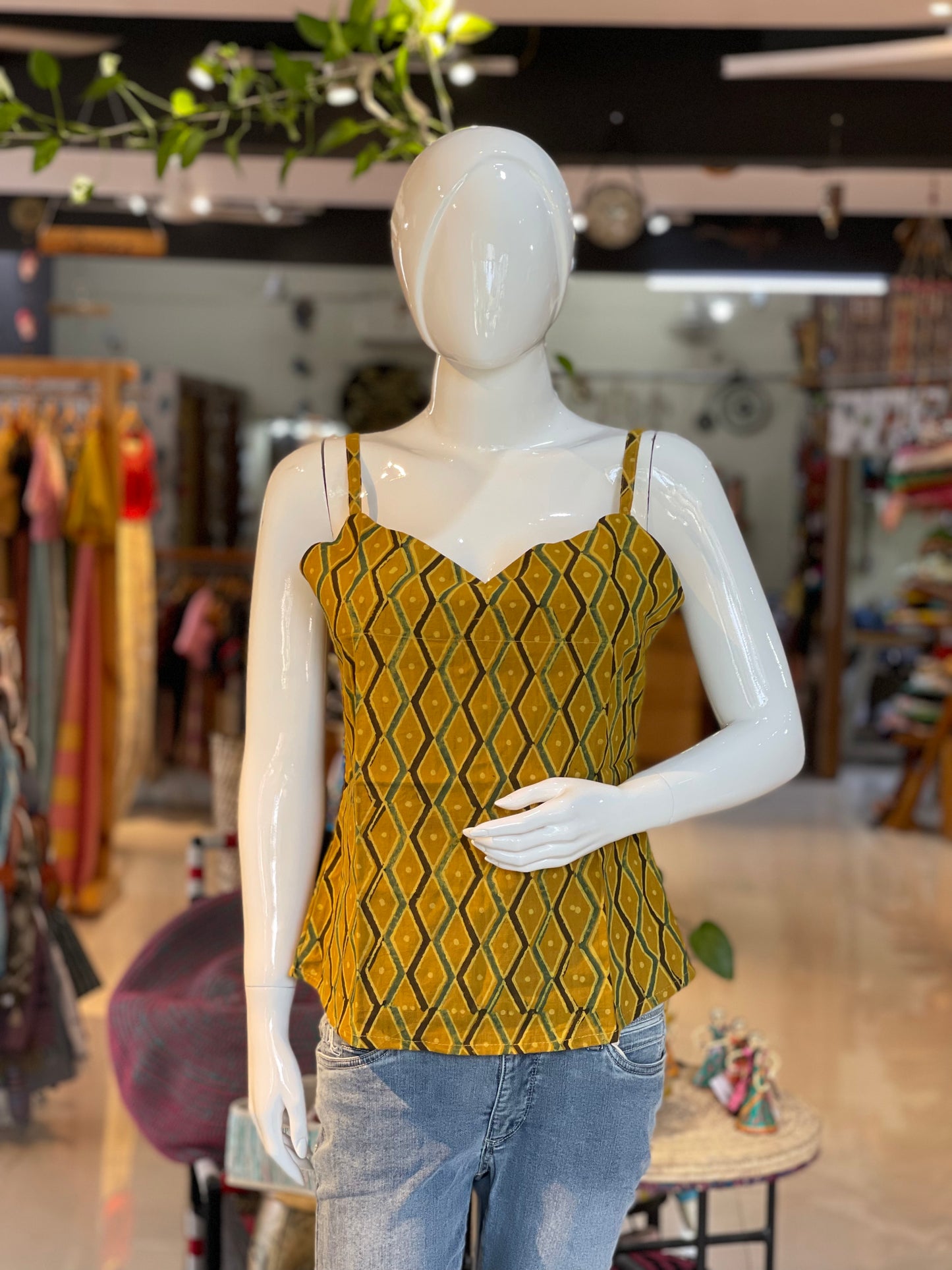 Ajrakh hand block printed mustard spaghetti cotton top