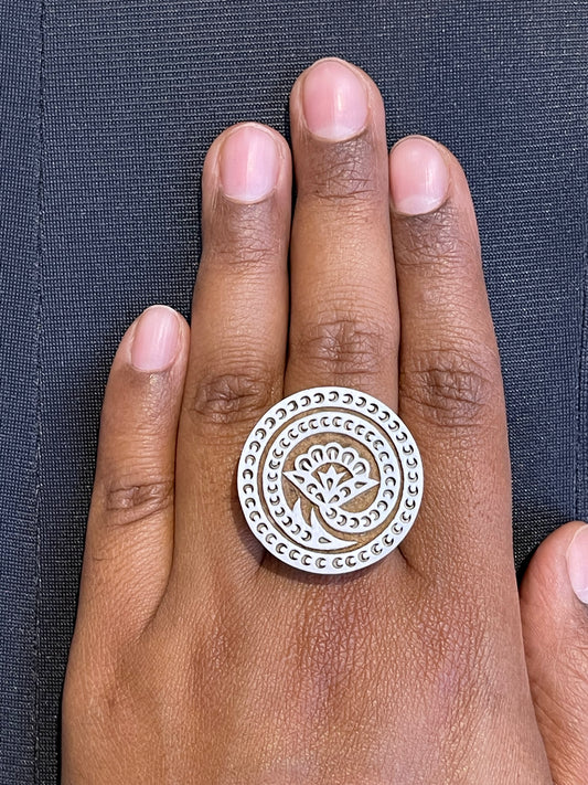 Spiral flower wooden block carved handmade adjustable size finger ring