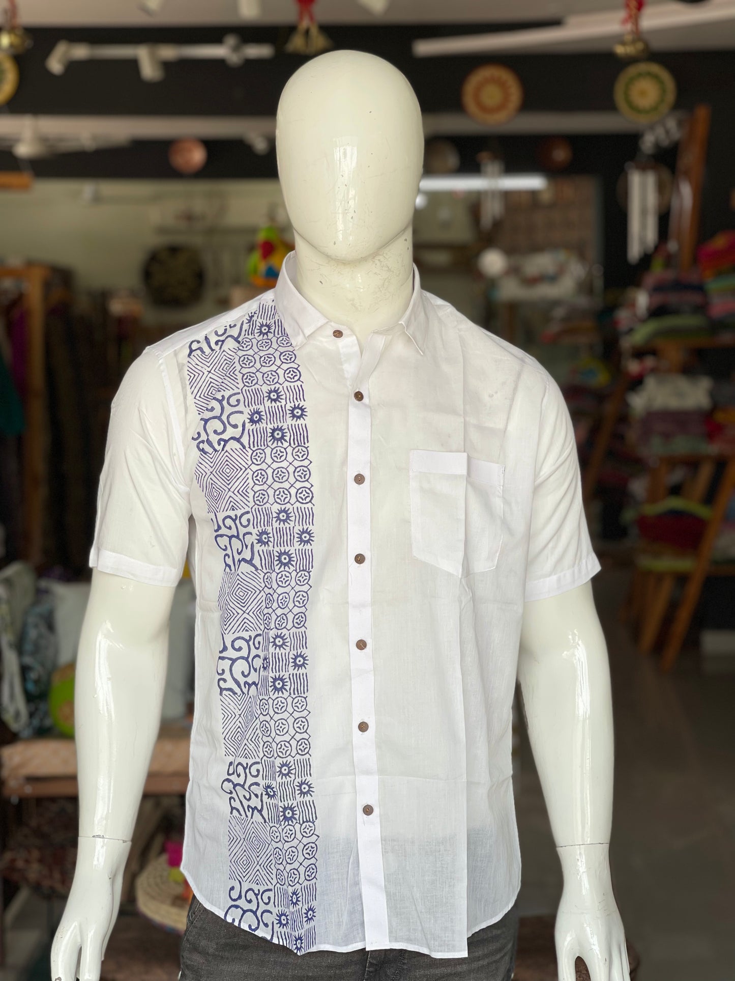 White hand block printed soft cotton half sleeves shirt for men