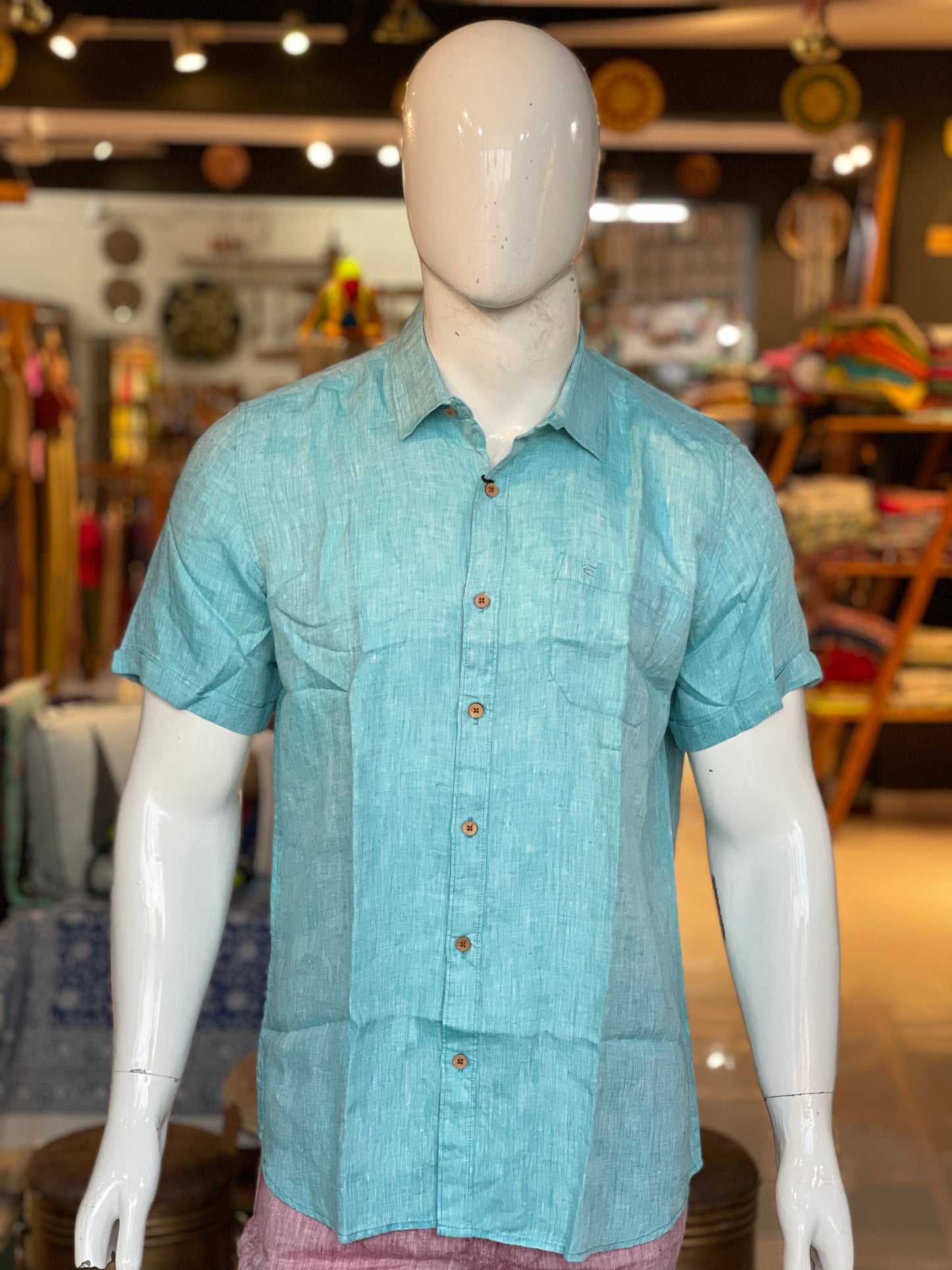 Teal green half sleeves mens natural hemp fabric shirt