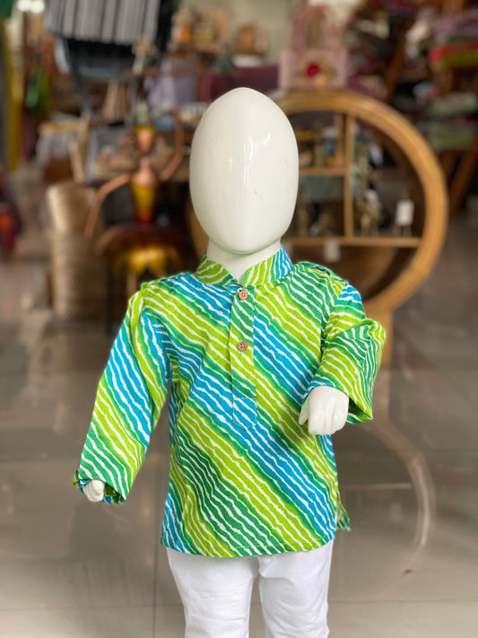 Blue green lehariya print cotton full sleeves short kurta for boys