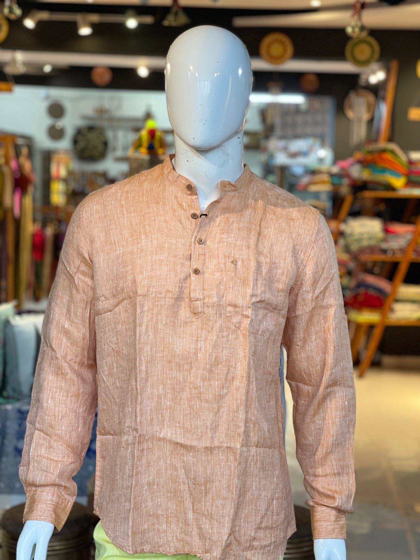 Orange full sleeves short kurta for men in natural hemp fabric