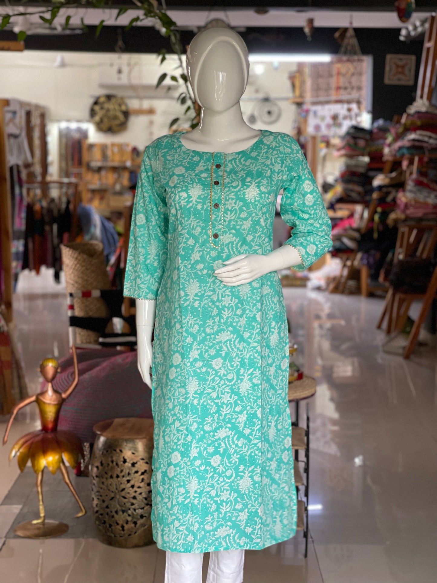 Cotton straight cuts kurti with pockets and gota detailing - sea green