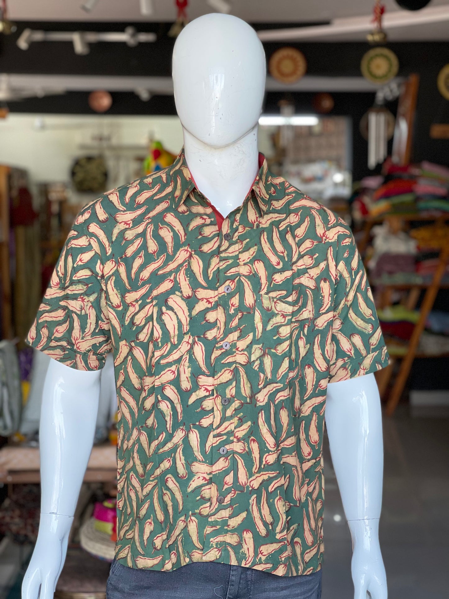 Green mirchi print half sleeves mens natural dye, hand block printed cotton shirt