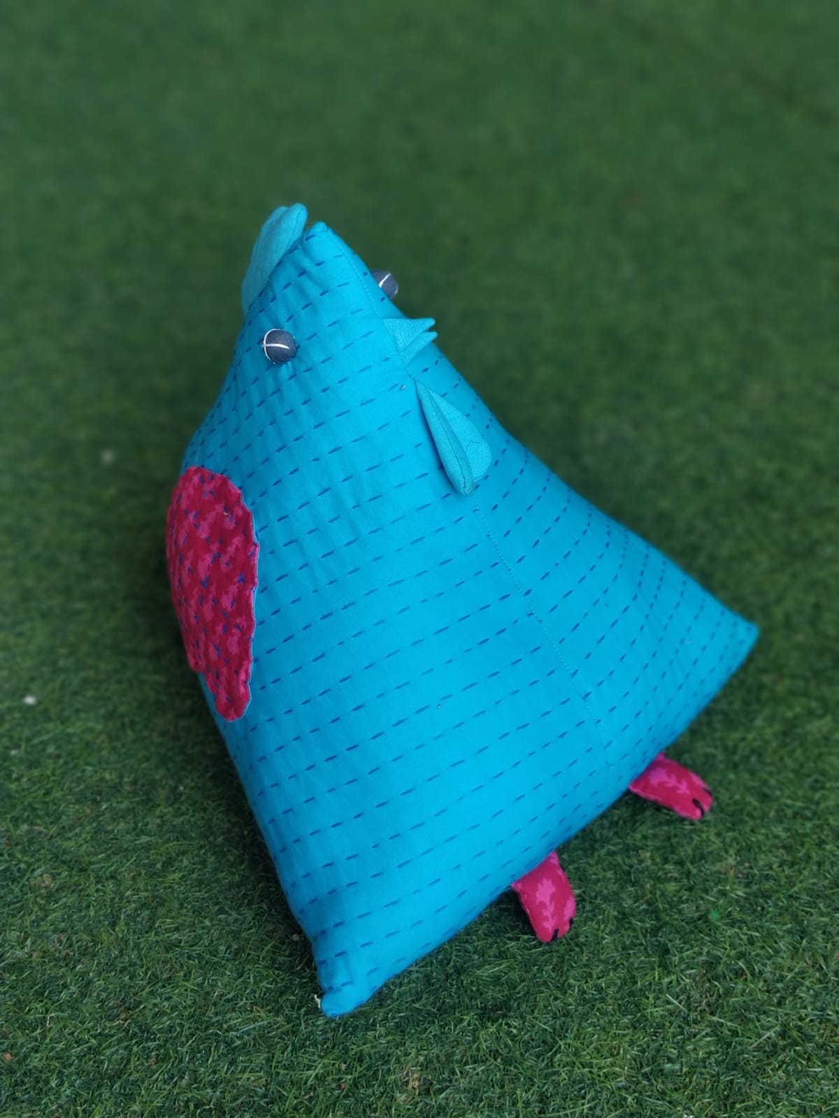 Blue hen cushion made of upcycled fabric and hand embellished with kantha