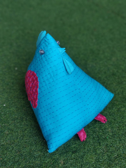 Blue hen cushion made of upcycled fabric and hand embellished with kantha