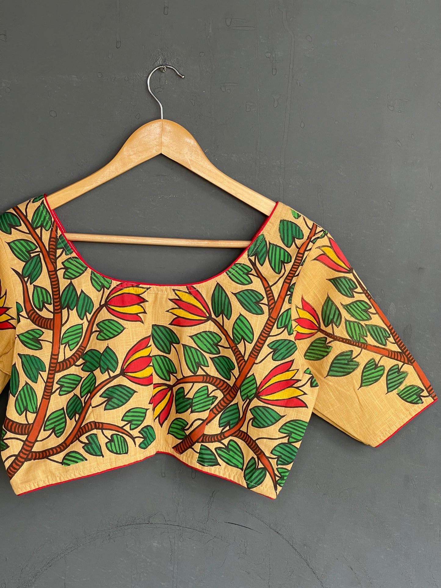 Beige leaves and flowers hand painted cotton blouse