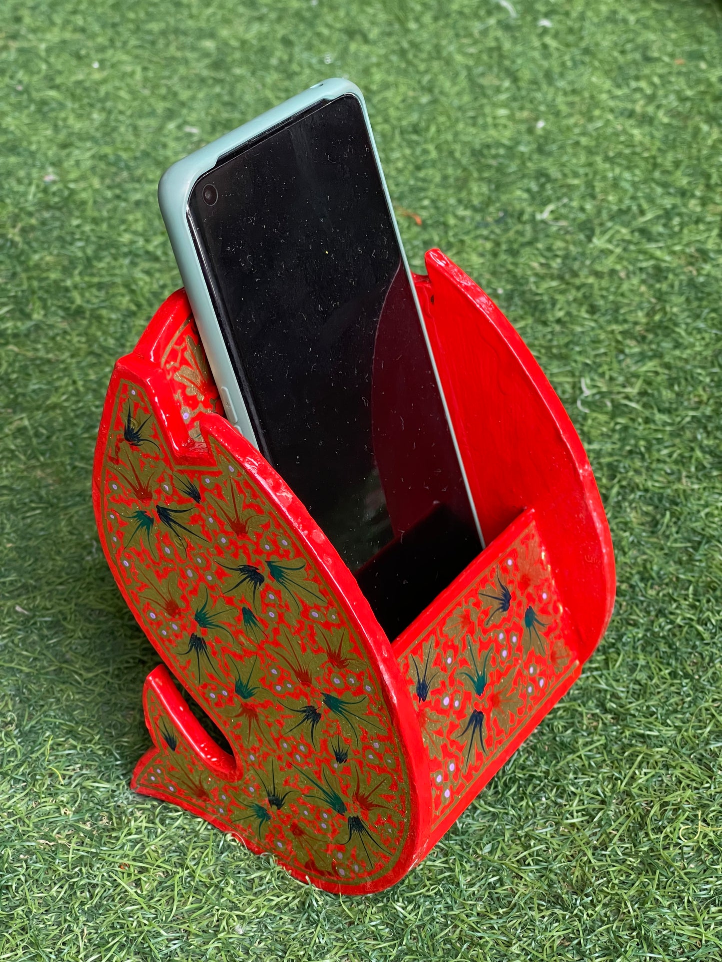 Papier mache hand painted mobile phone holder