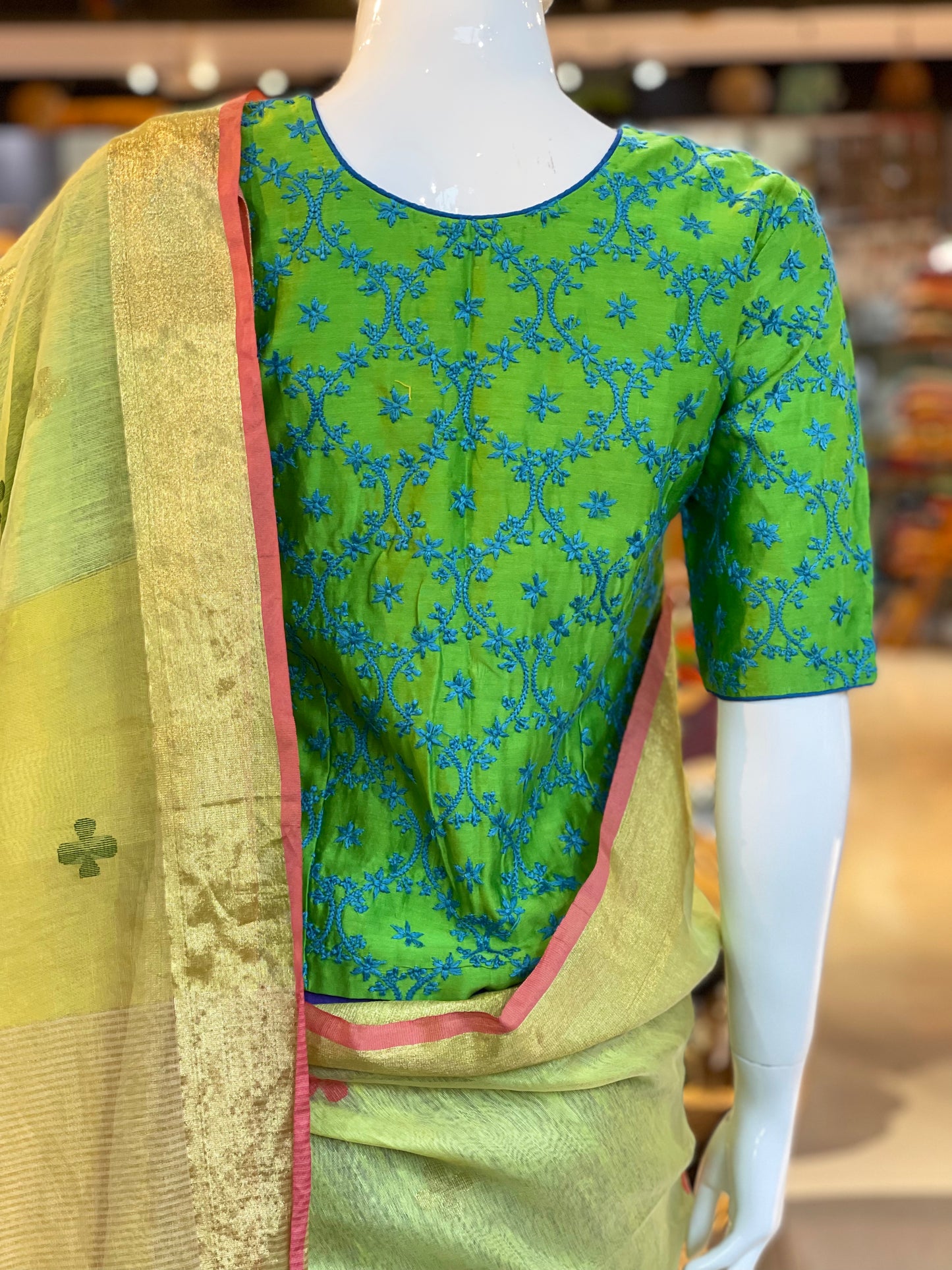 Green silk cotton long blouse with blue Chikankari hand embroidery