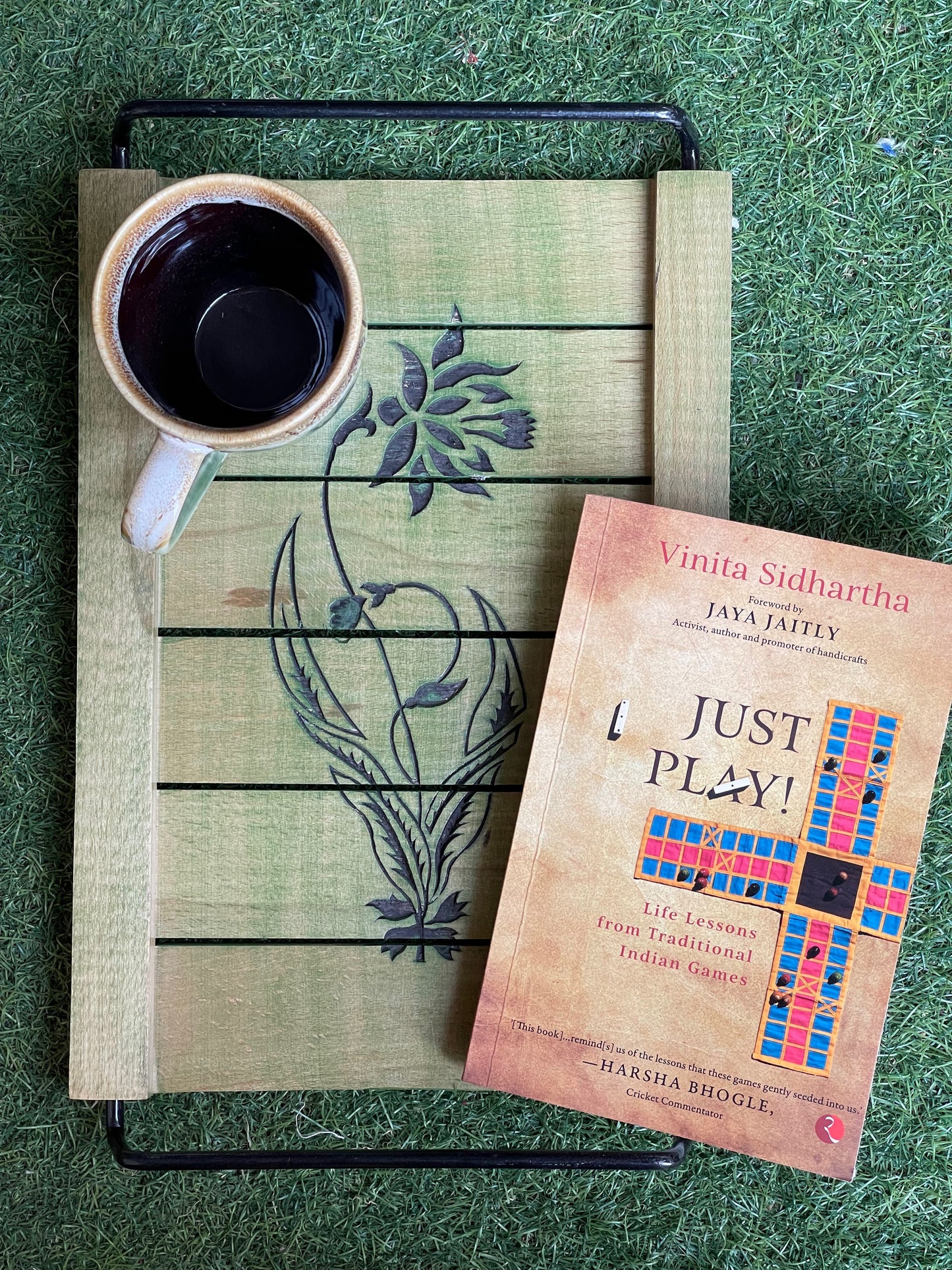 Green hand made rectangular (12 x 8.5 inches) cut work serving tray with iron handles - flowers design