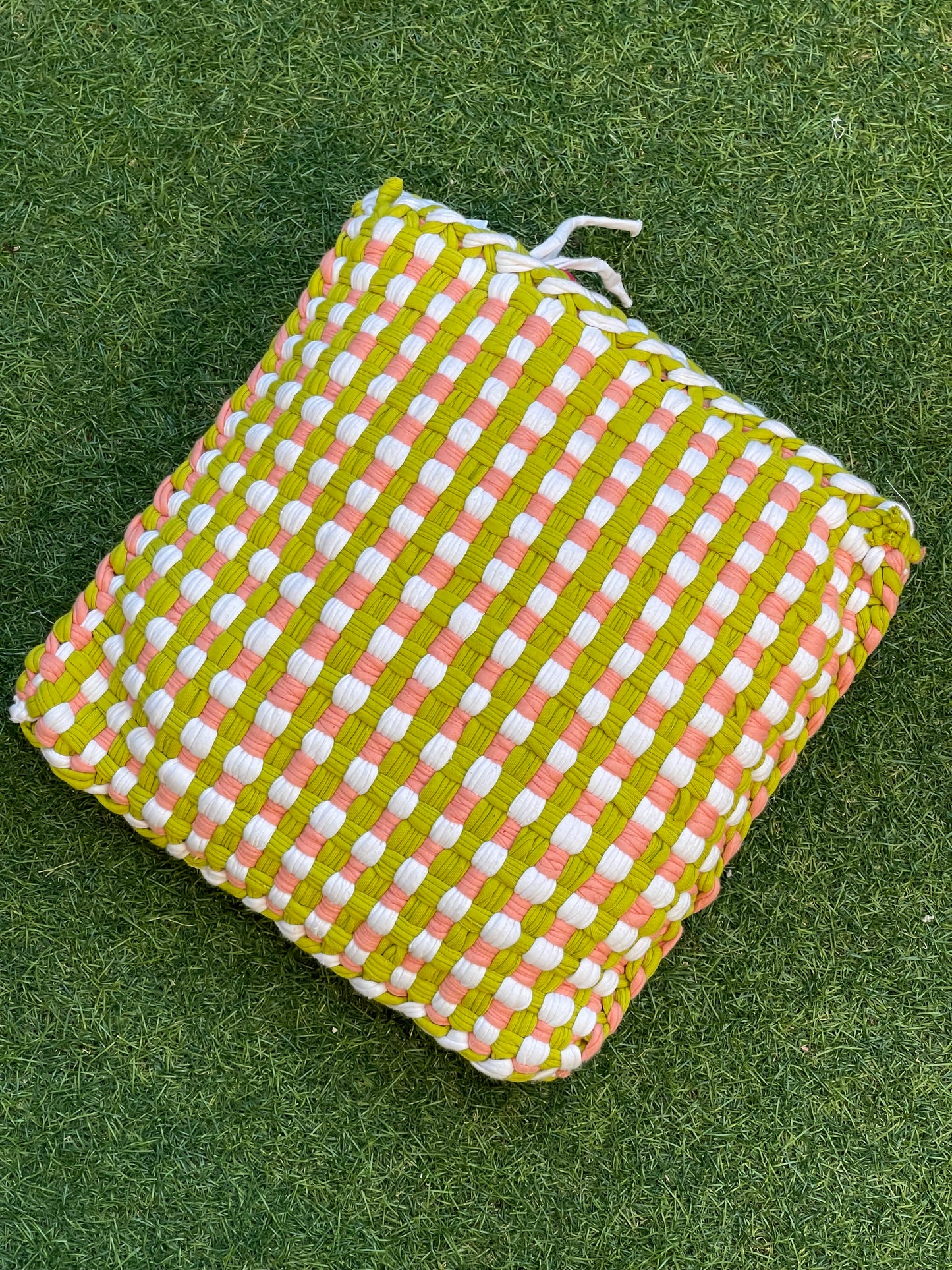 Green, peach and white handwoven upcycled knitted cotton cushion