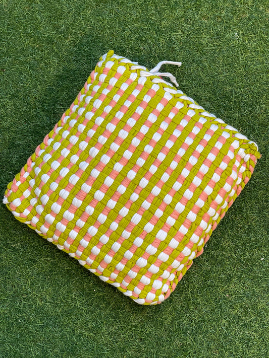 Green, peach and white handwoven upcycled knitted cotton cushion
