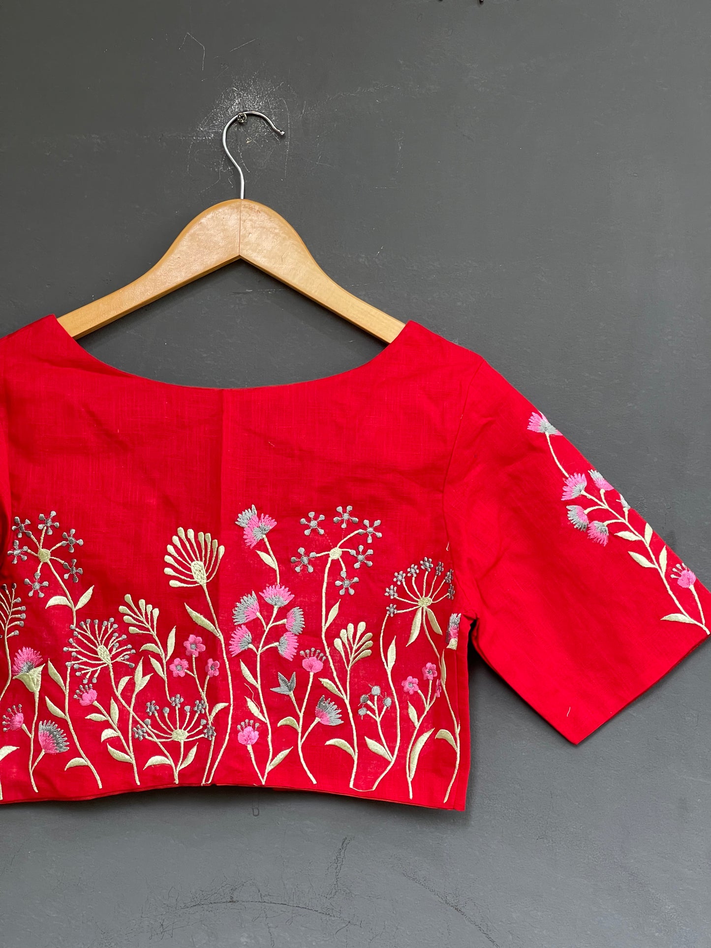 Red cotton blouse with flower garden back embroidery
