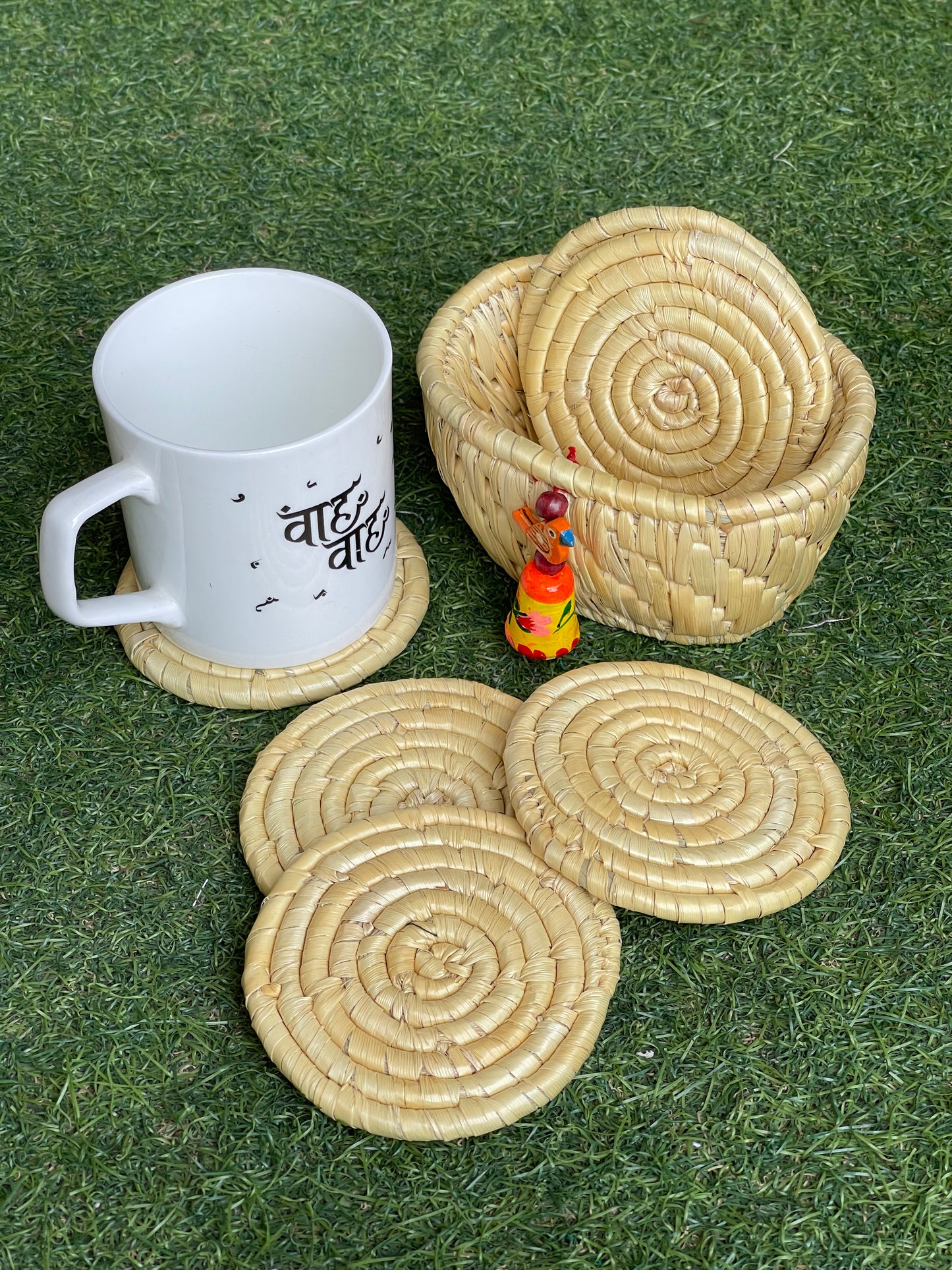 Moonj grass round coasters 6 piece set with case - eco friendly handmade product