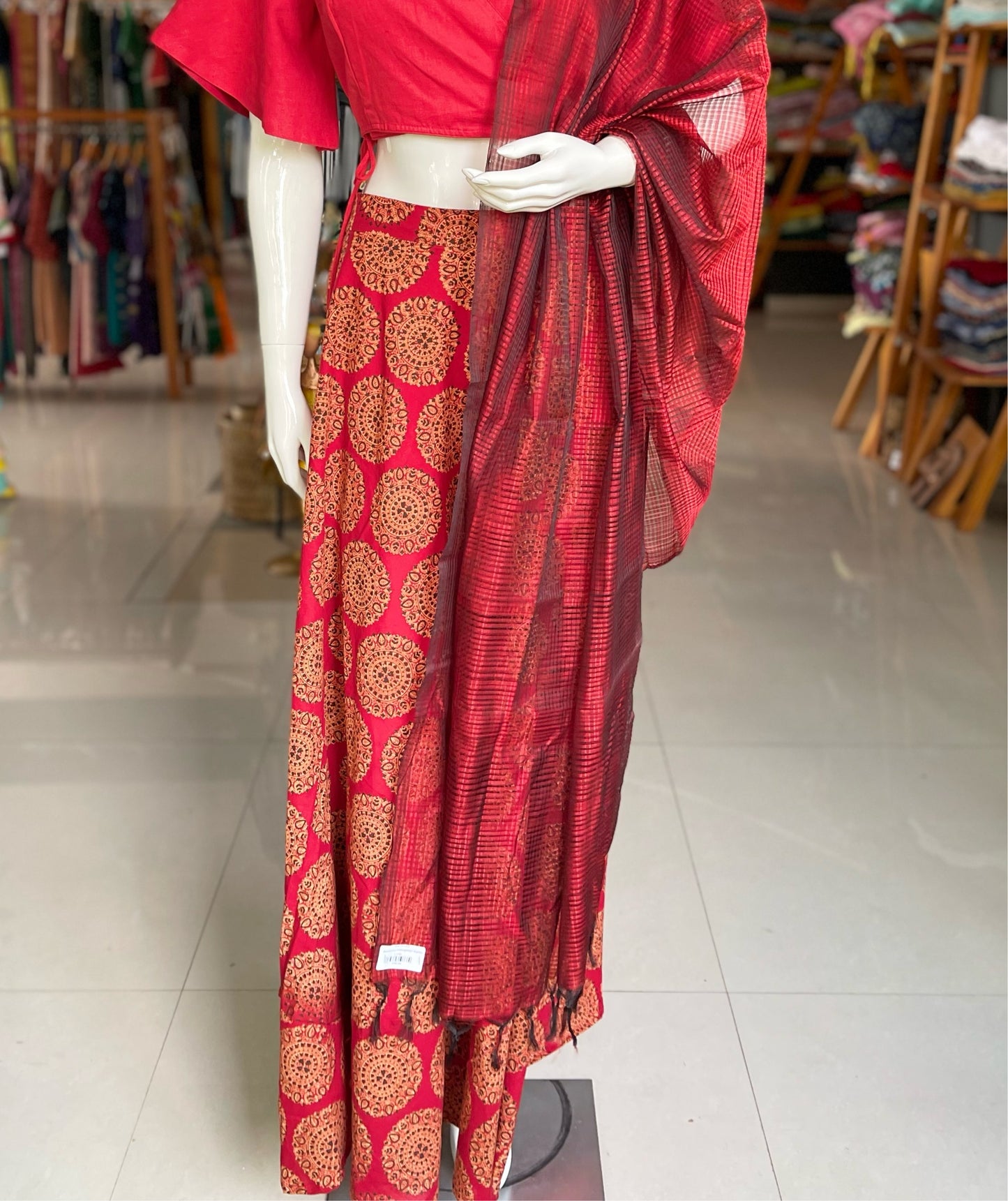 Red mandala style hand block print cotton umbrella flared skirt
