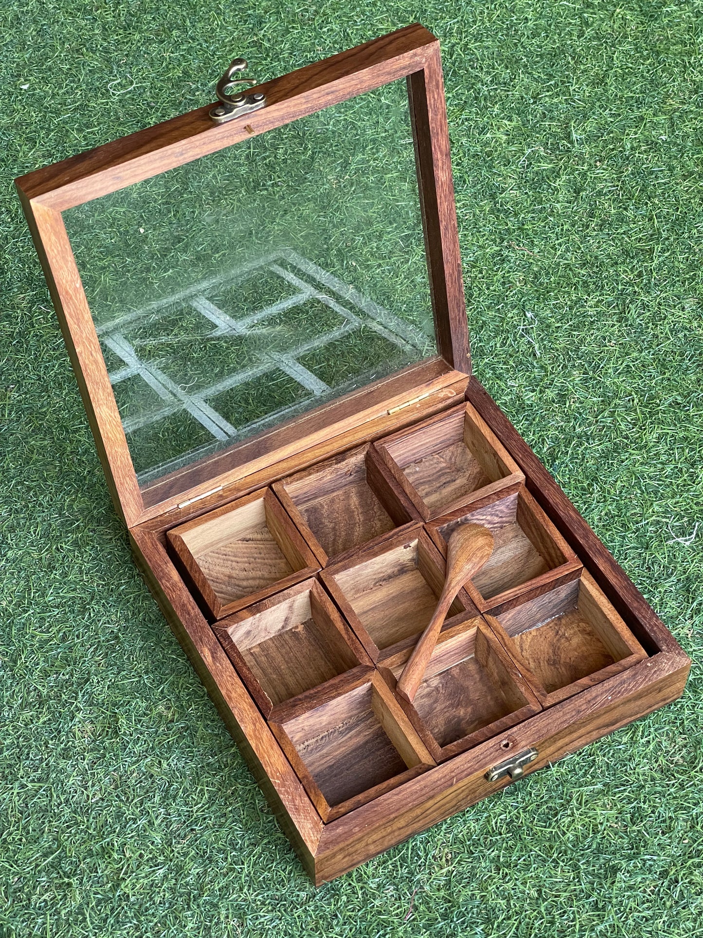 Square Wooden masala / trinklet box with 9 partitions