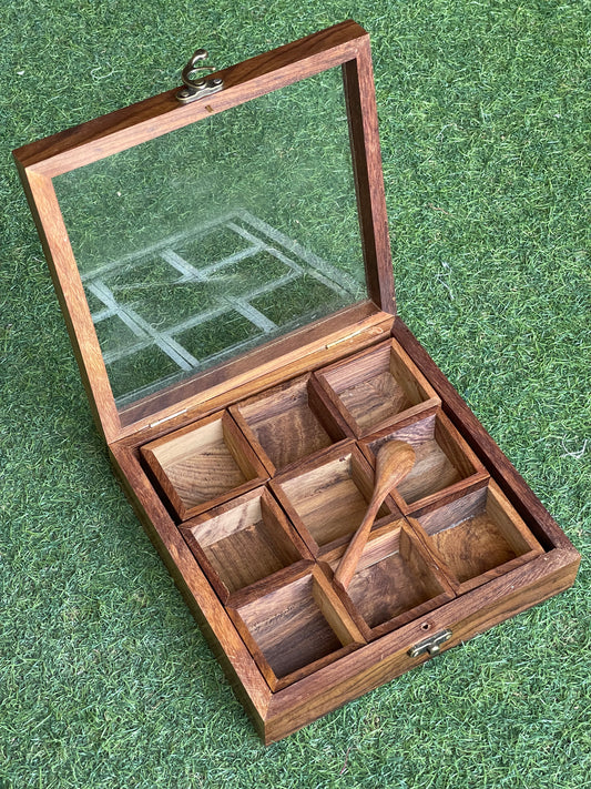 Square Wooden masala / trinklet box with 9 partitions
