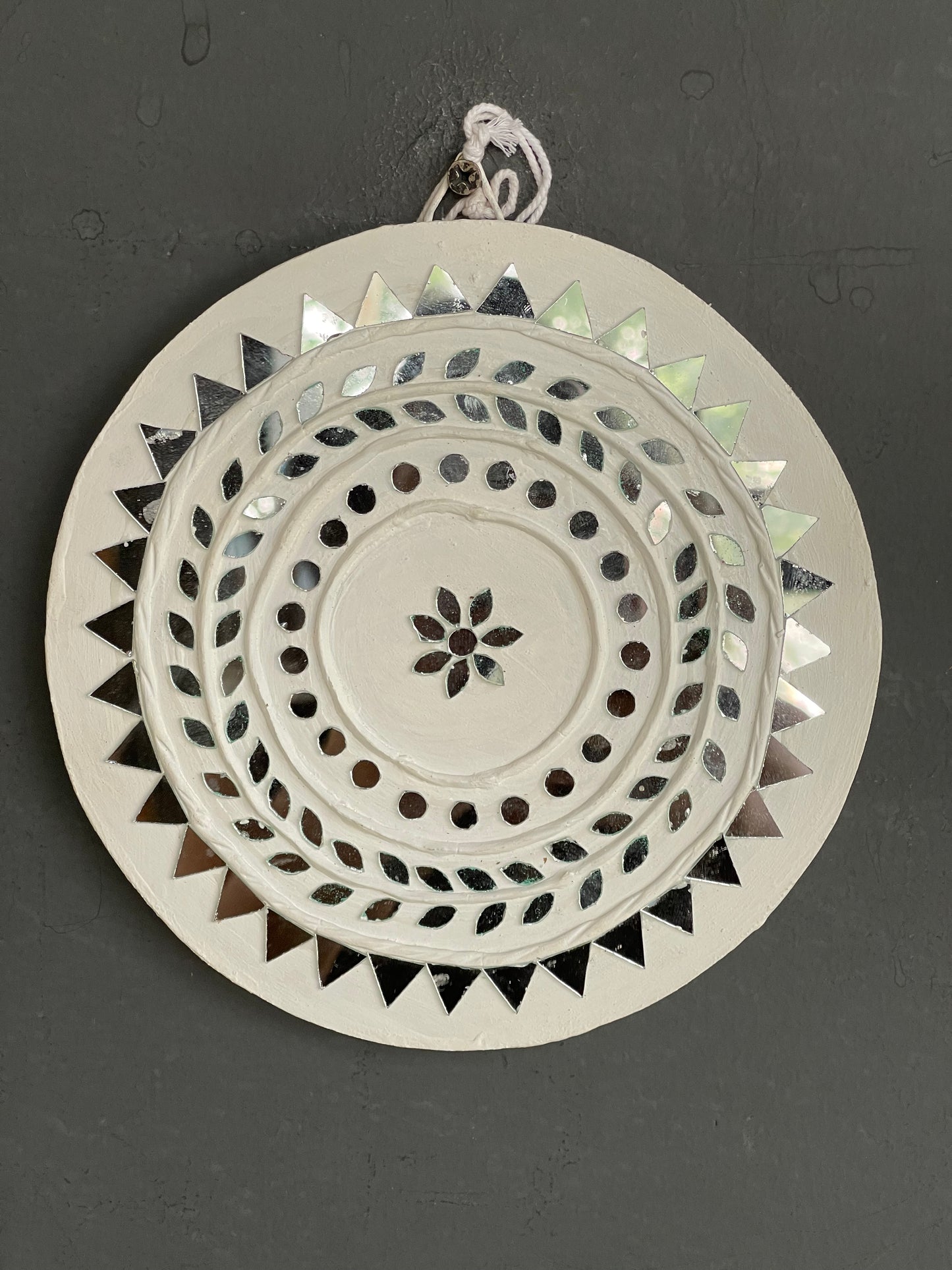 White round lippan mud art mirror work handmade wall plate