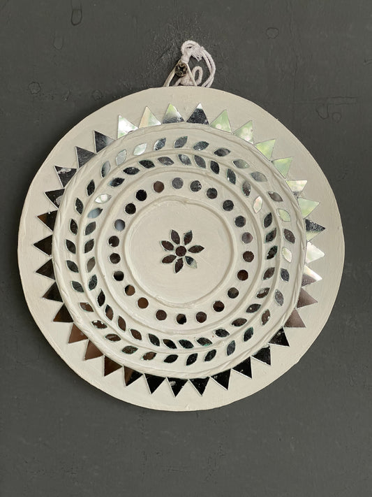 White round lippan mud art mirror work handmade wall plate