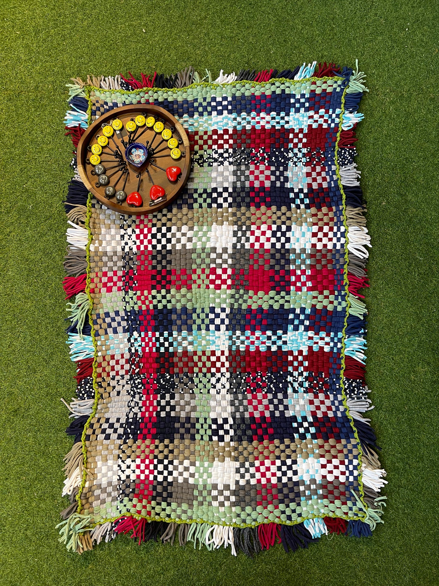 Multicolored checks handwoven upcycled knitted cotton rug