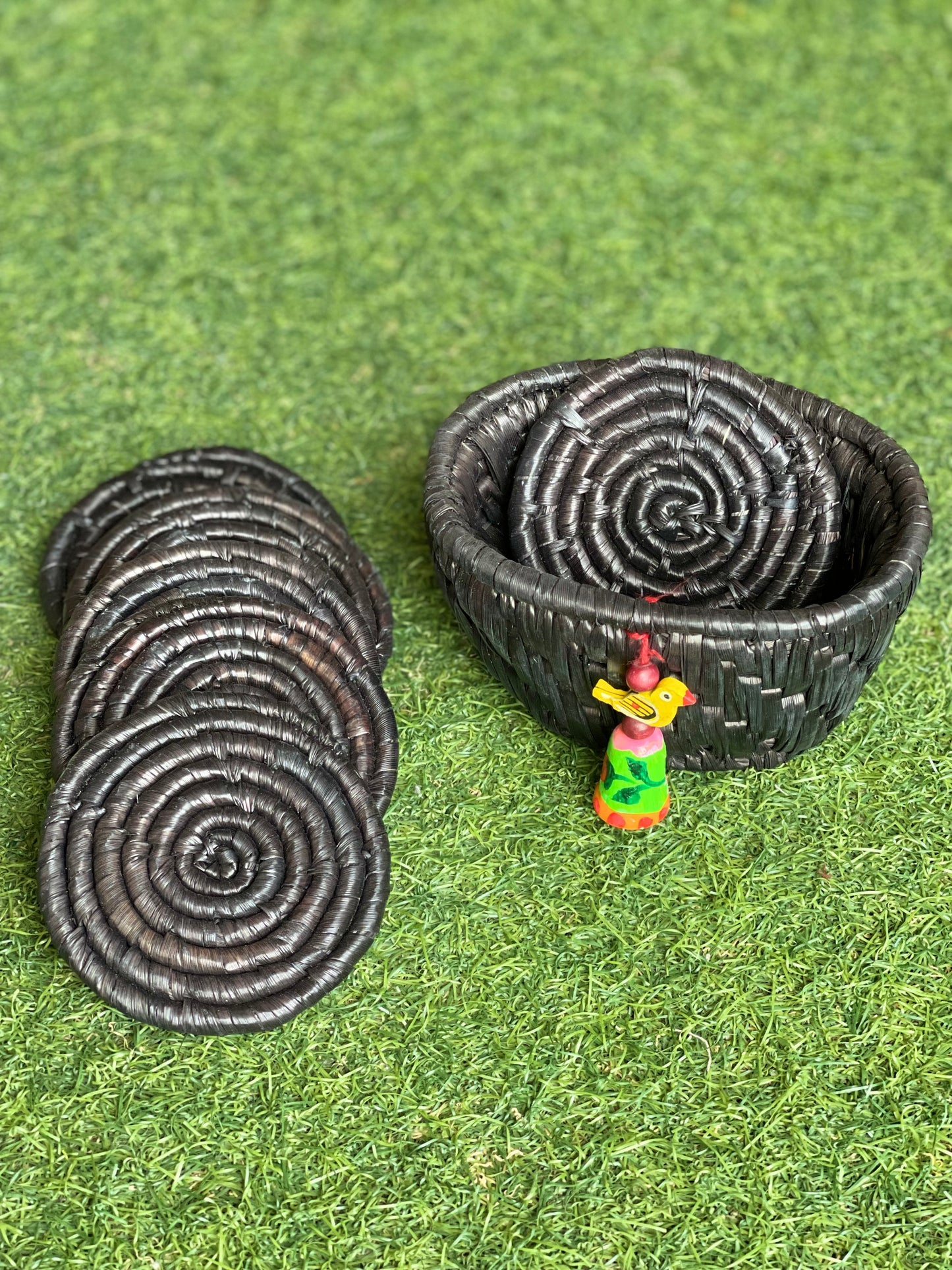Moonj grass round coasters 6 piece set with case - eco friendly handmade product