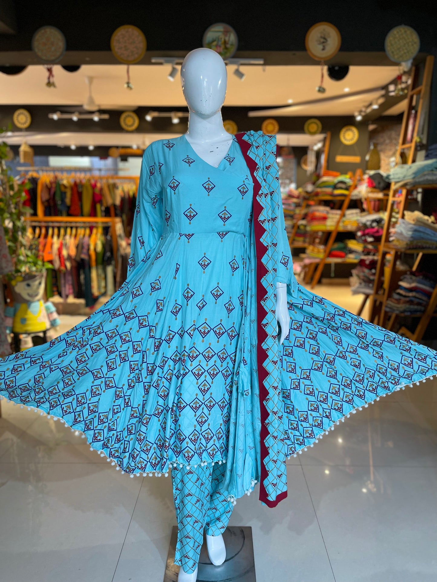 Blue rayon gold print suit set - 3 piece dress