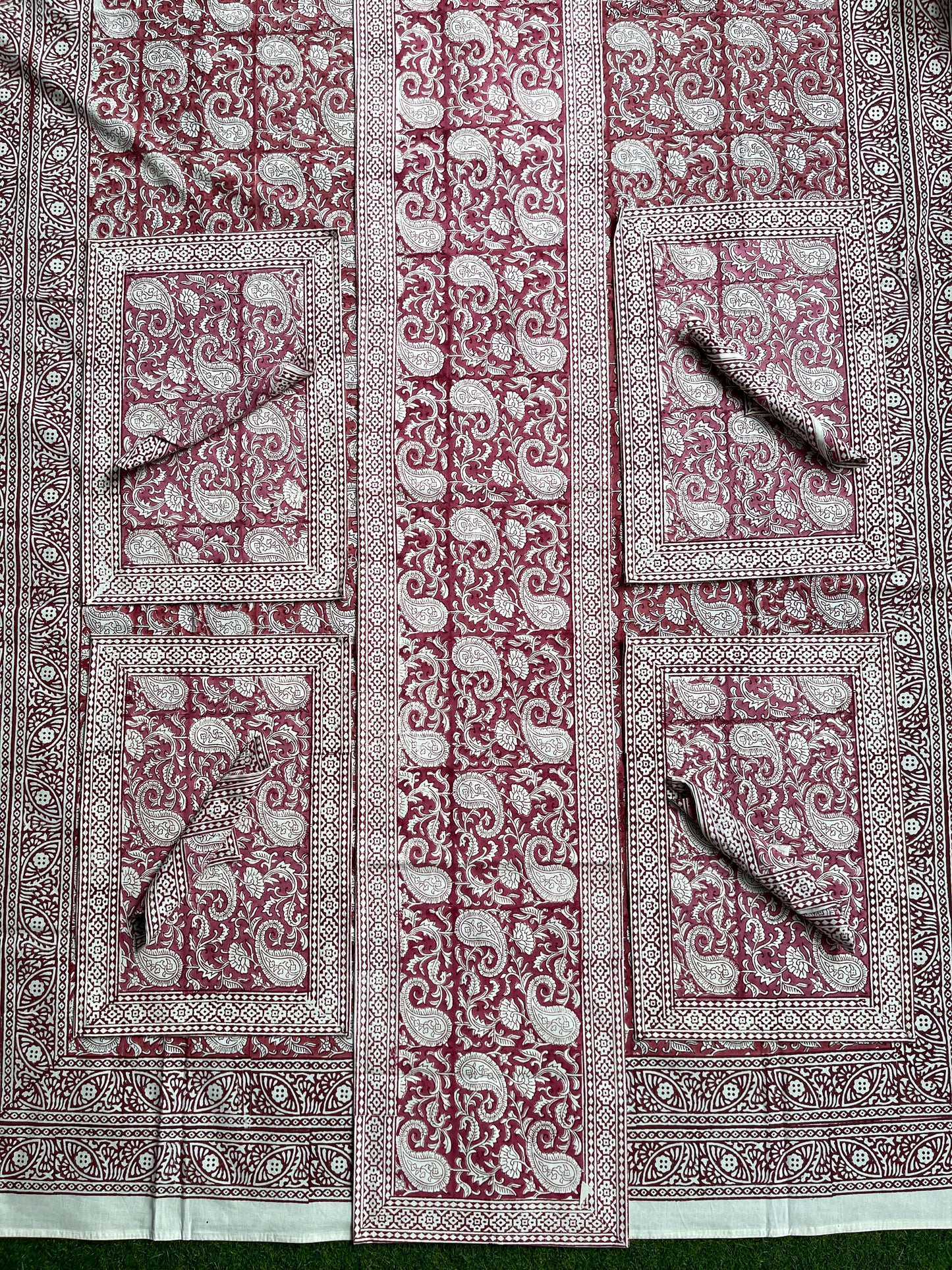 Dark pink floral hand block printed table cover, runner, 6 place mats and napkins set