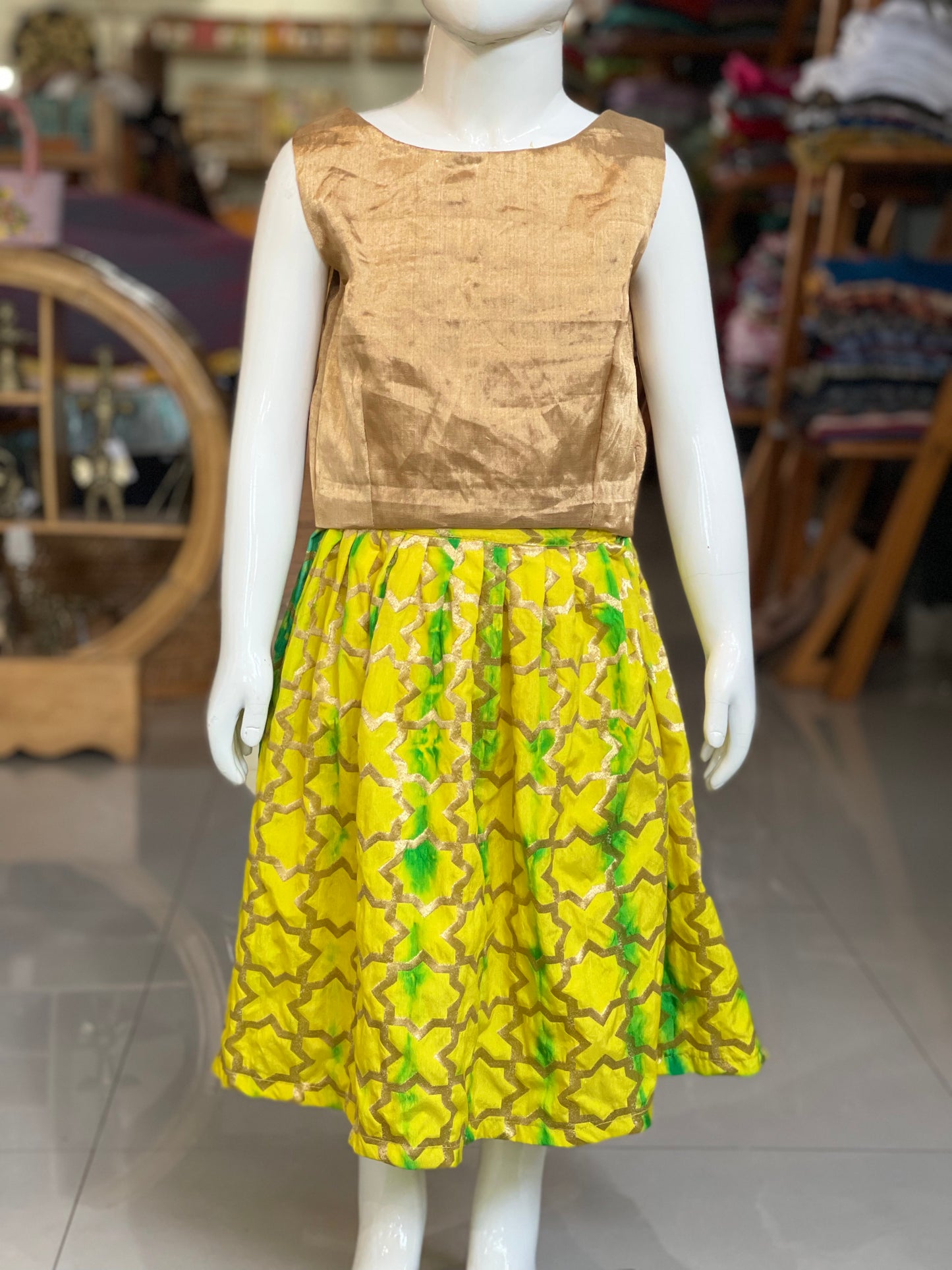 Green and yellow banaras skirt / lehenga, handloom gold silk tissue top for girls