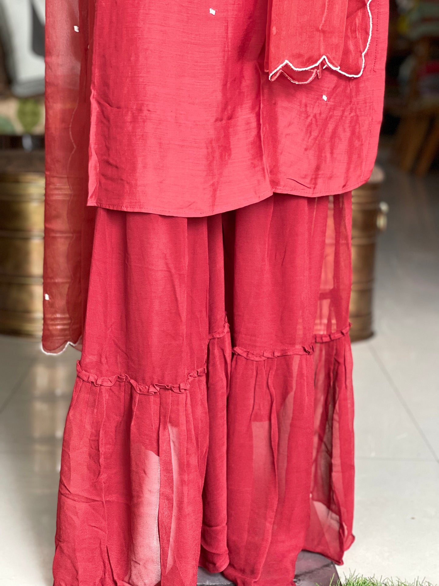 Maroon embroidered dola silk Kurti with chiffon sharara and dupatta set