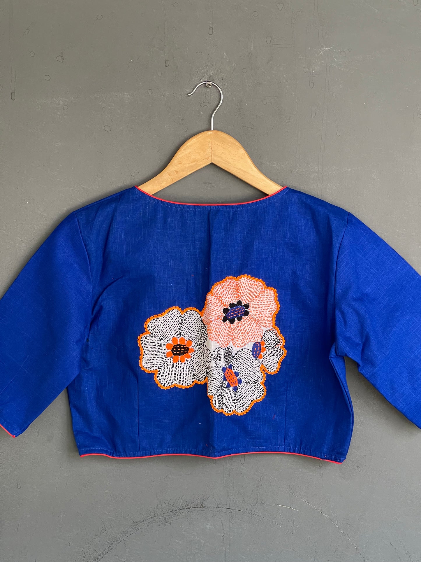 Royal blue cotton blouse with kantha hand embroidered flowers on back