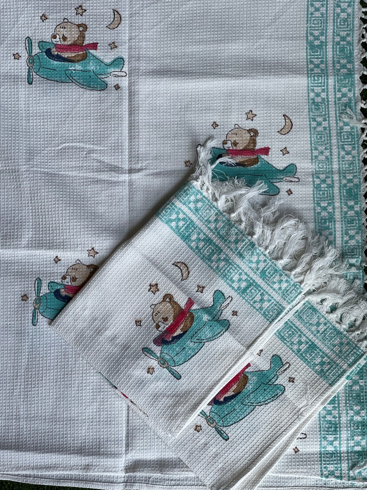 Bear on a plane hand block printed cotton bath towel and 2 hand towels set