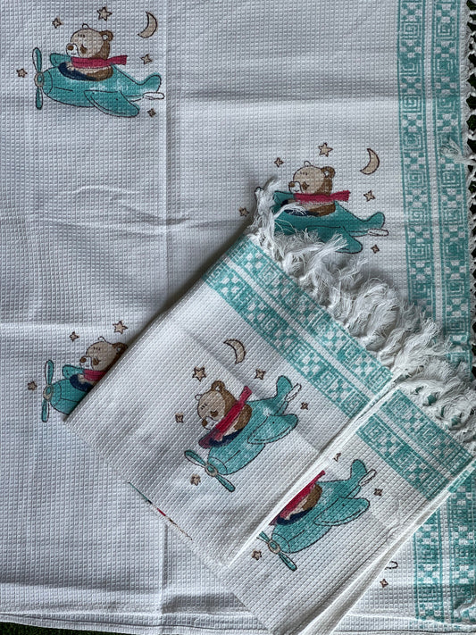 Bear on a plane hand block printed cotton bath towel and 2 hand towels set