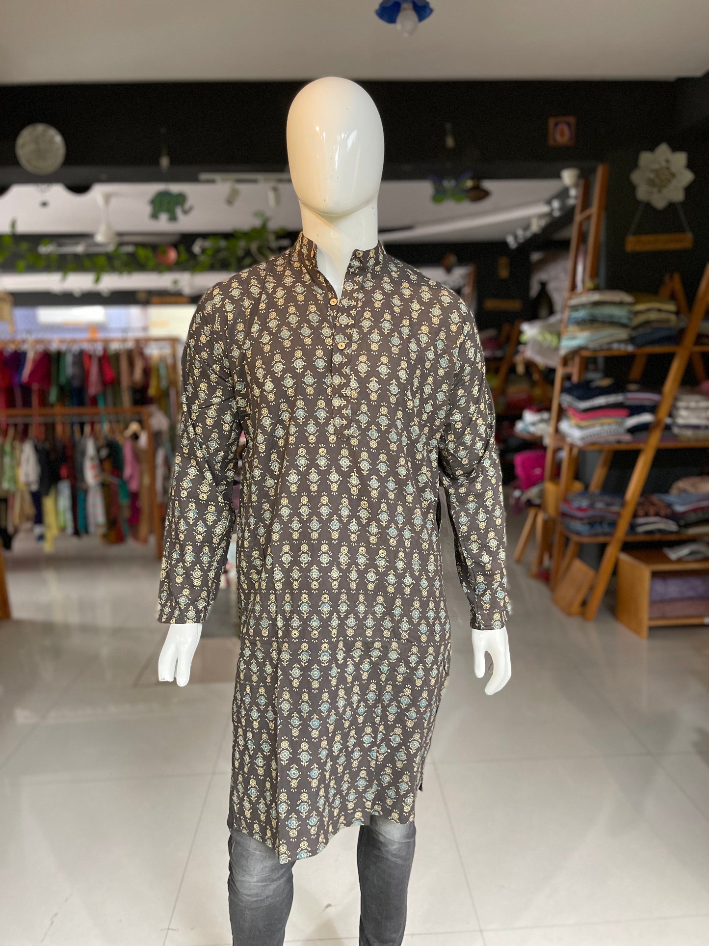 Black ajrakh hand block printed cotton long kurta for men