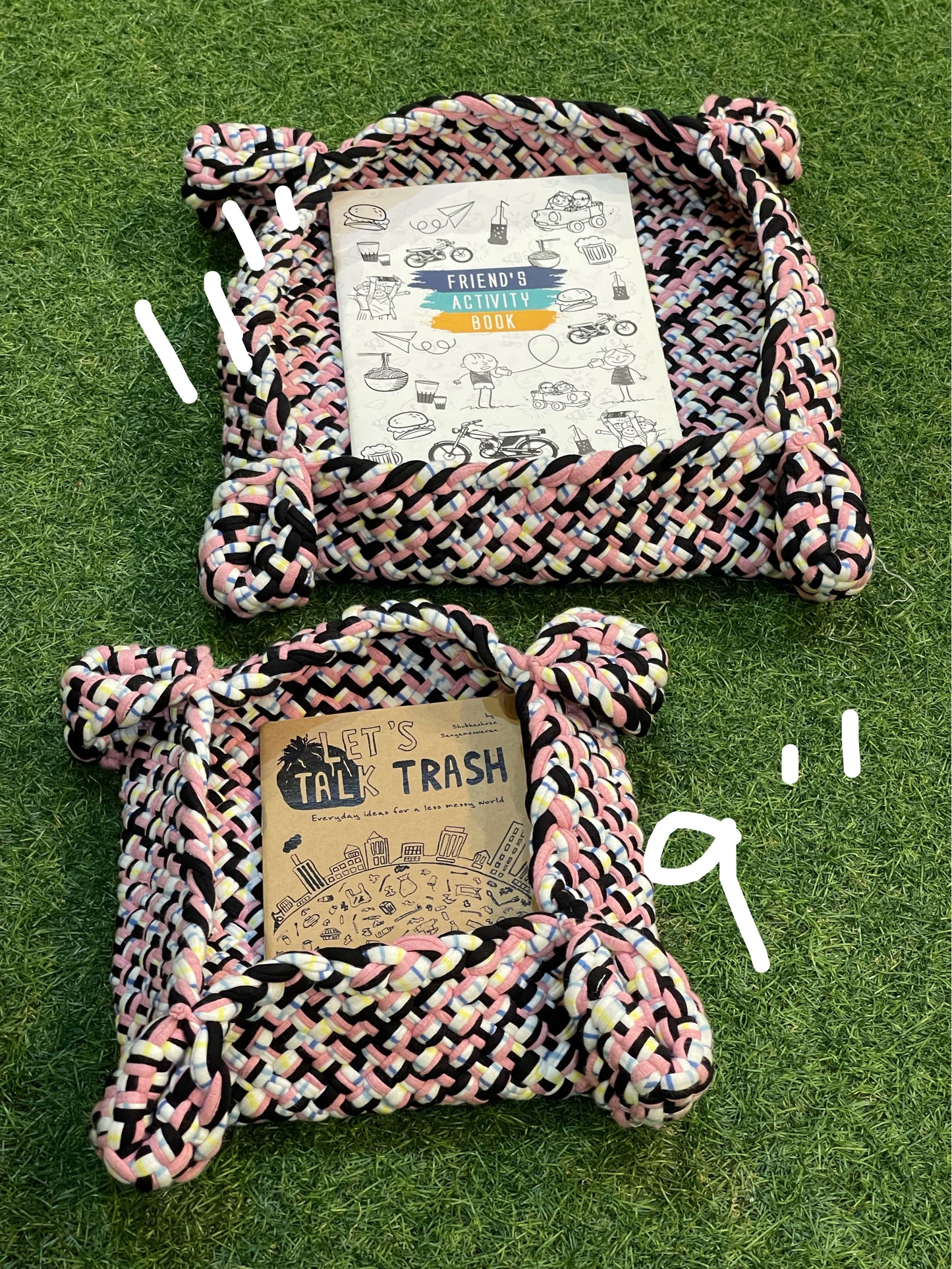 Pink and black square roti basket / organizer with upcycled knitted cotton - 11 inches size