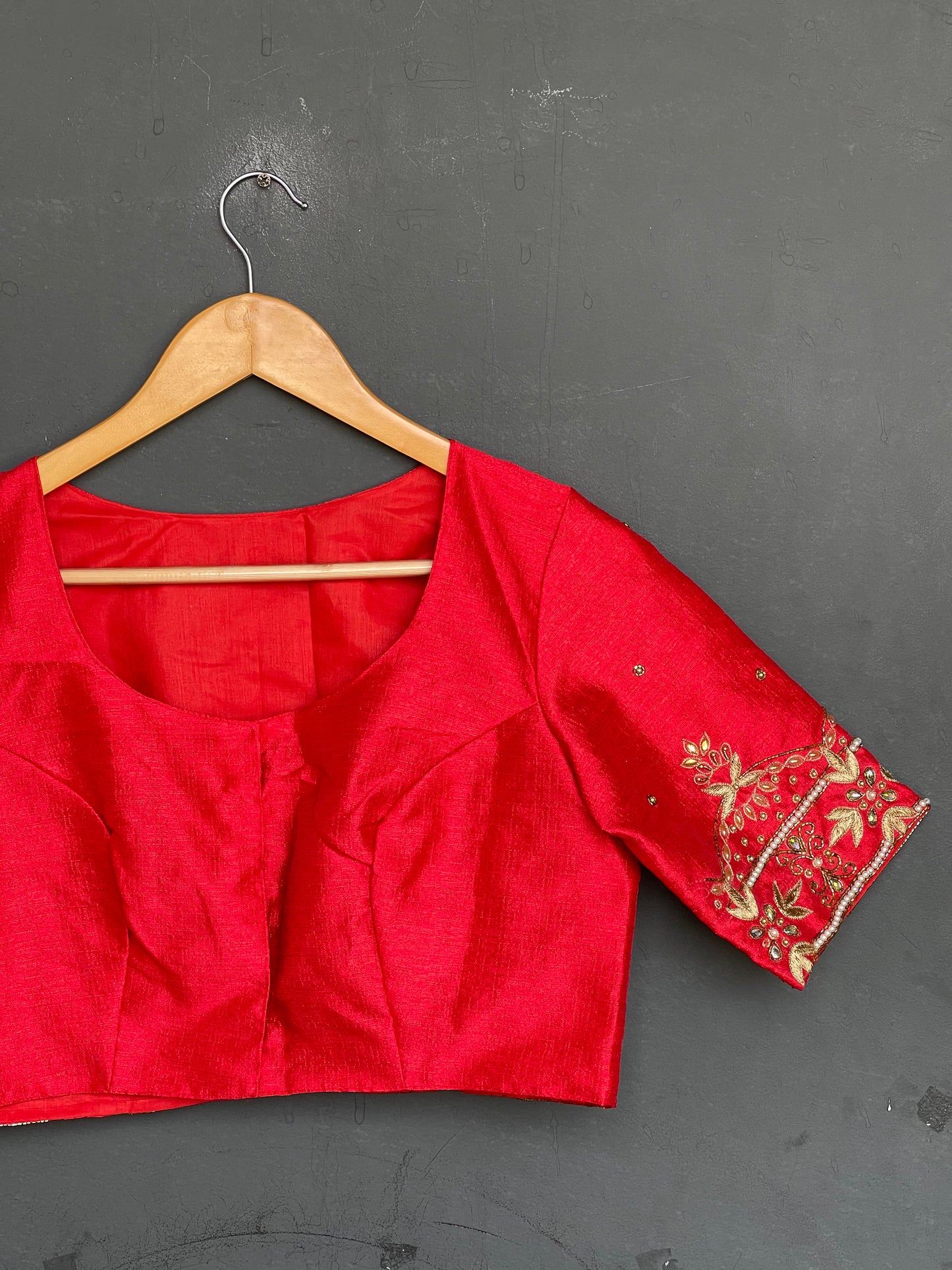 Red hand embroidered waist line and sleeves silk blouse