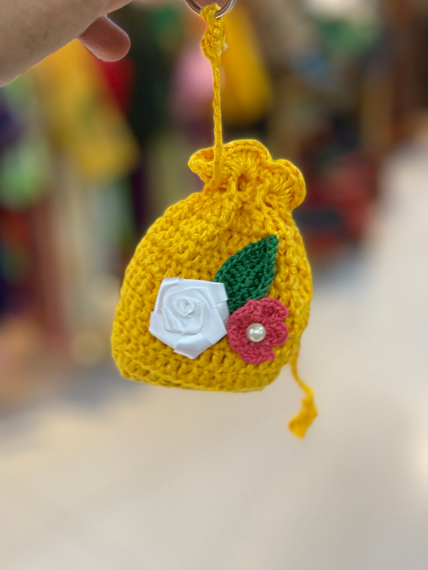 Small crochet potli key ring / bag charm