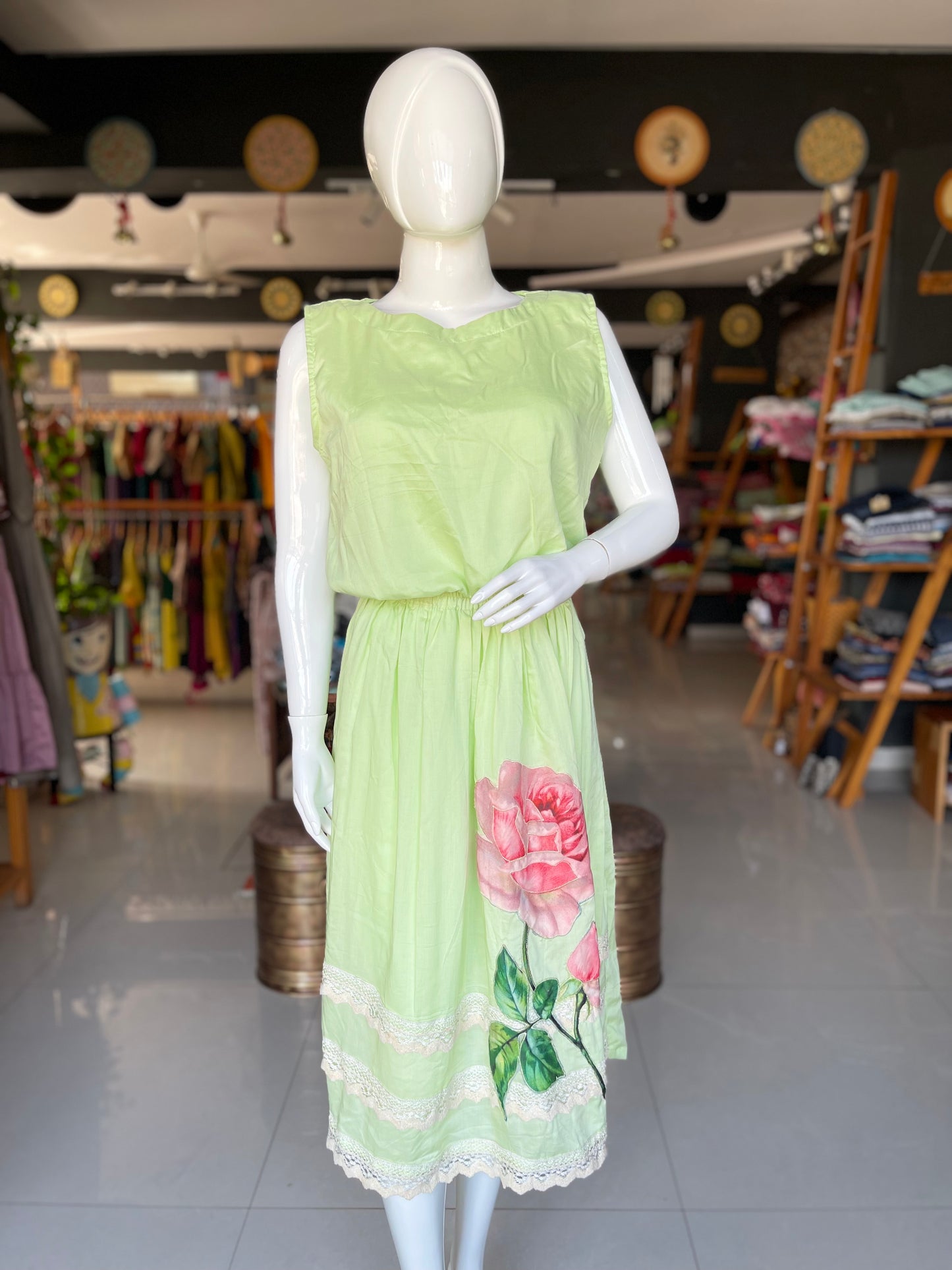 Pastel pista green crop top and flower Appliq skirt with lace coord set