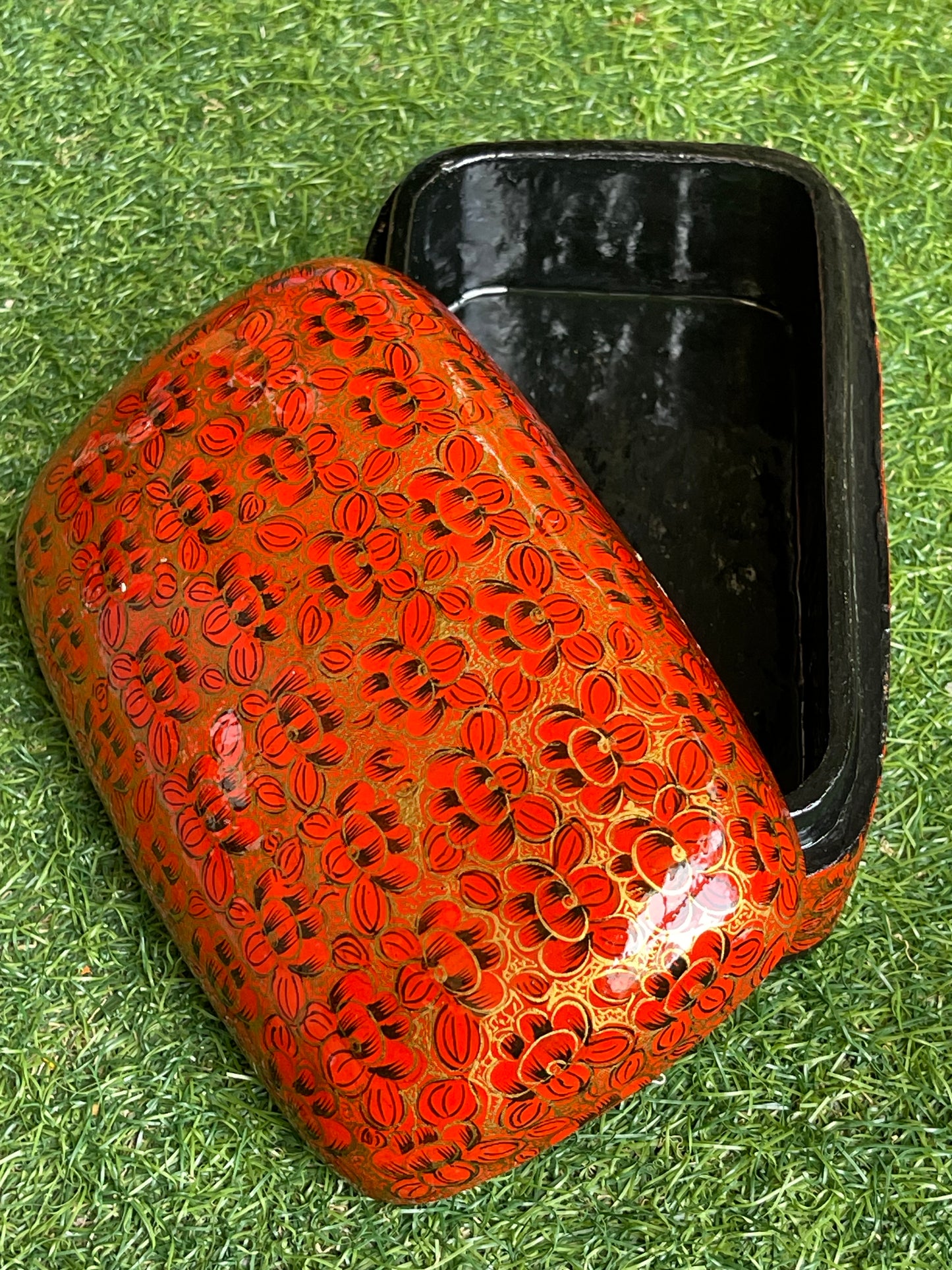 Red and gold Flowers hand painted papier mache jewellery / trinkets box