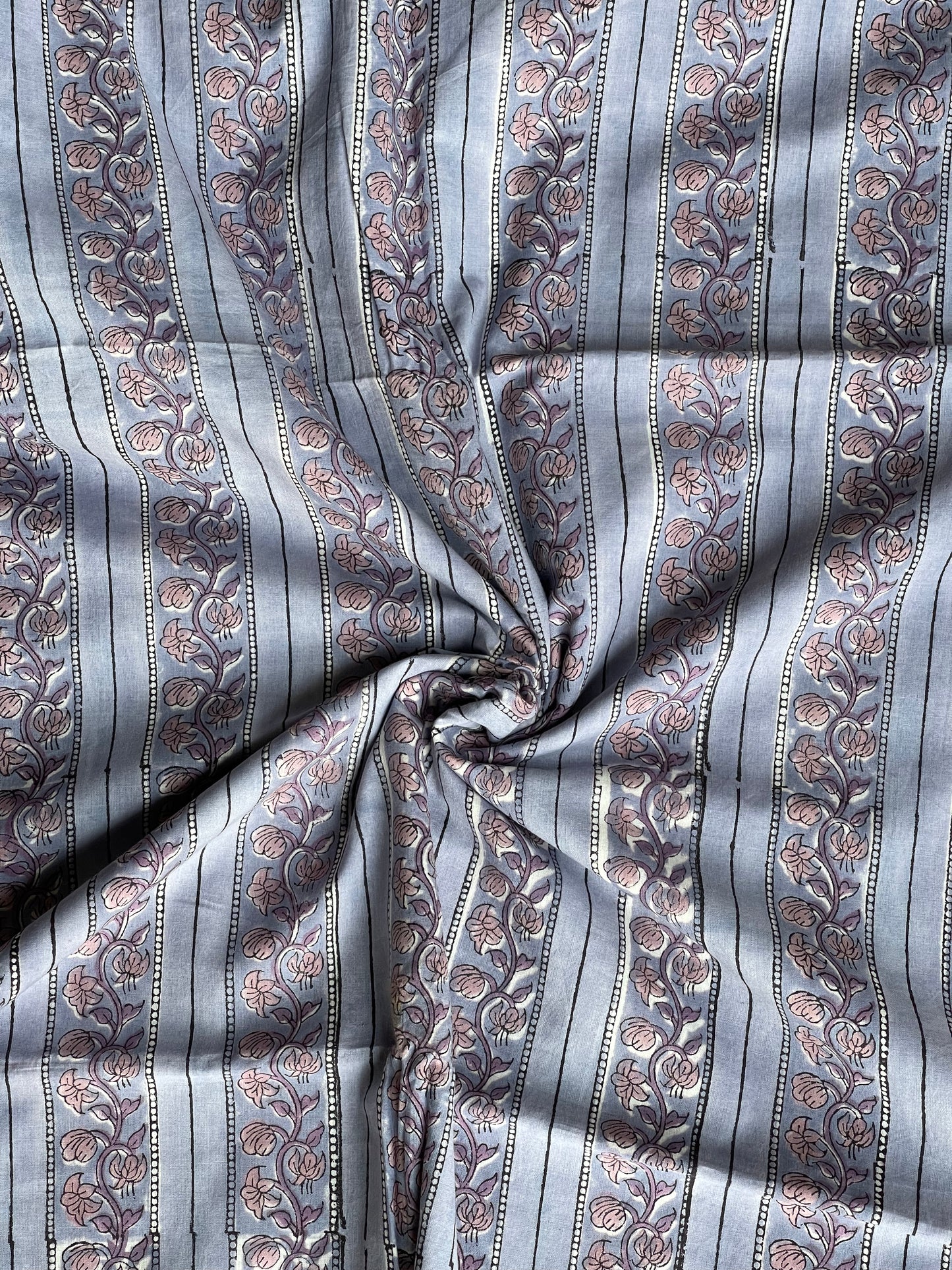 Bluish grey floral stripes hand block printed soft cotton fabric