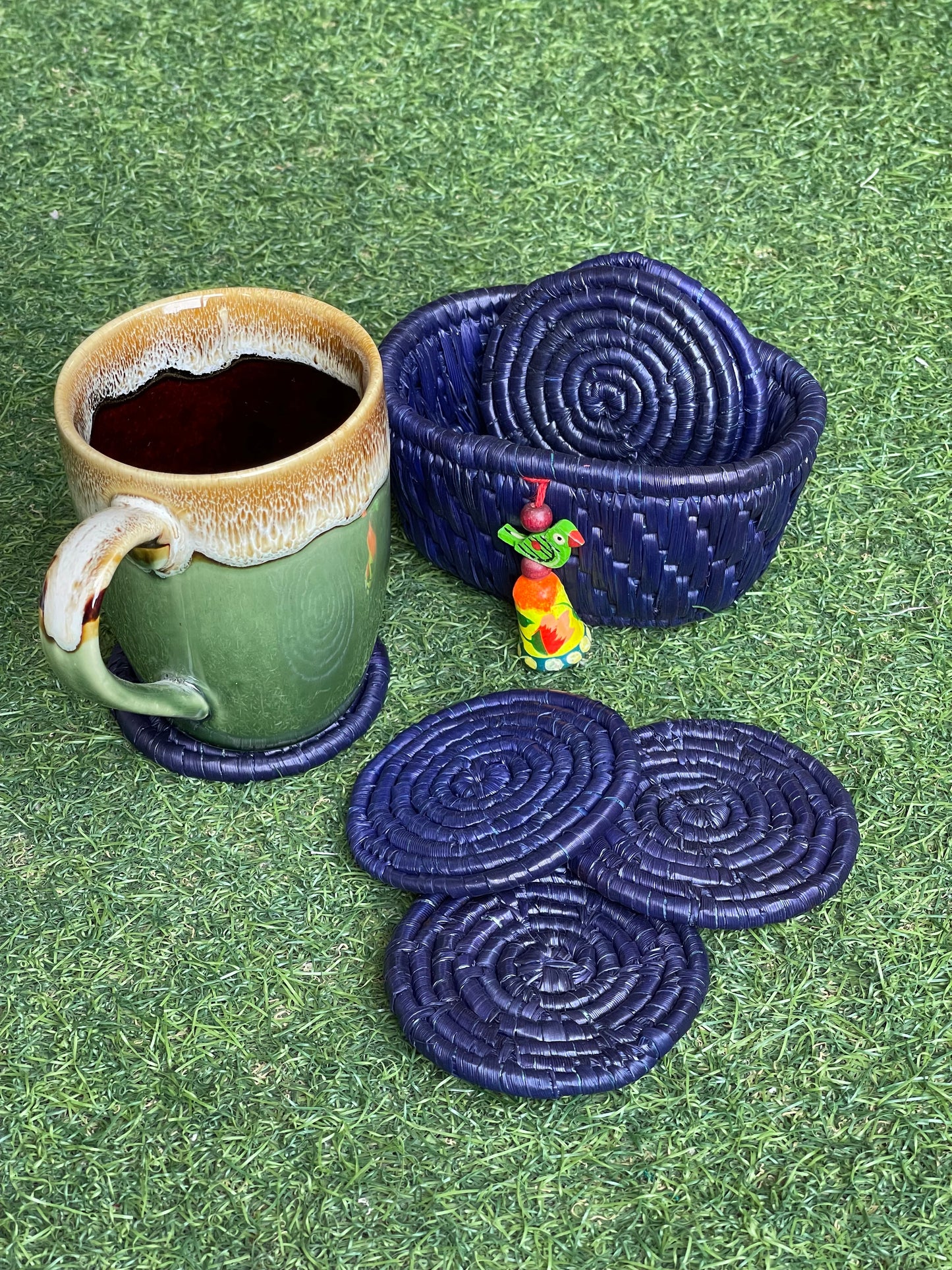 Moonj grass round coasters 6 piece set with case - eco friendly handmade product