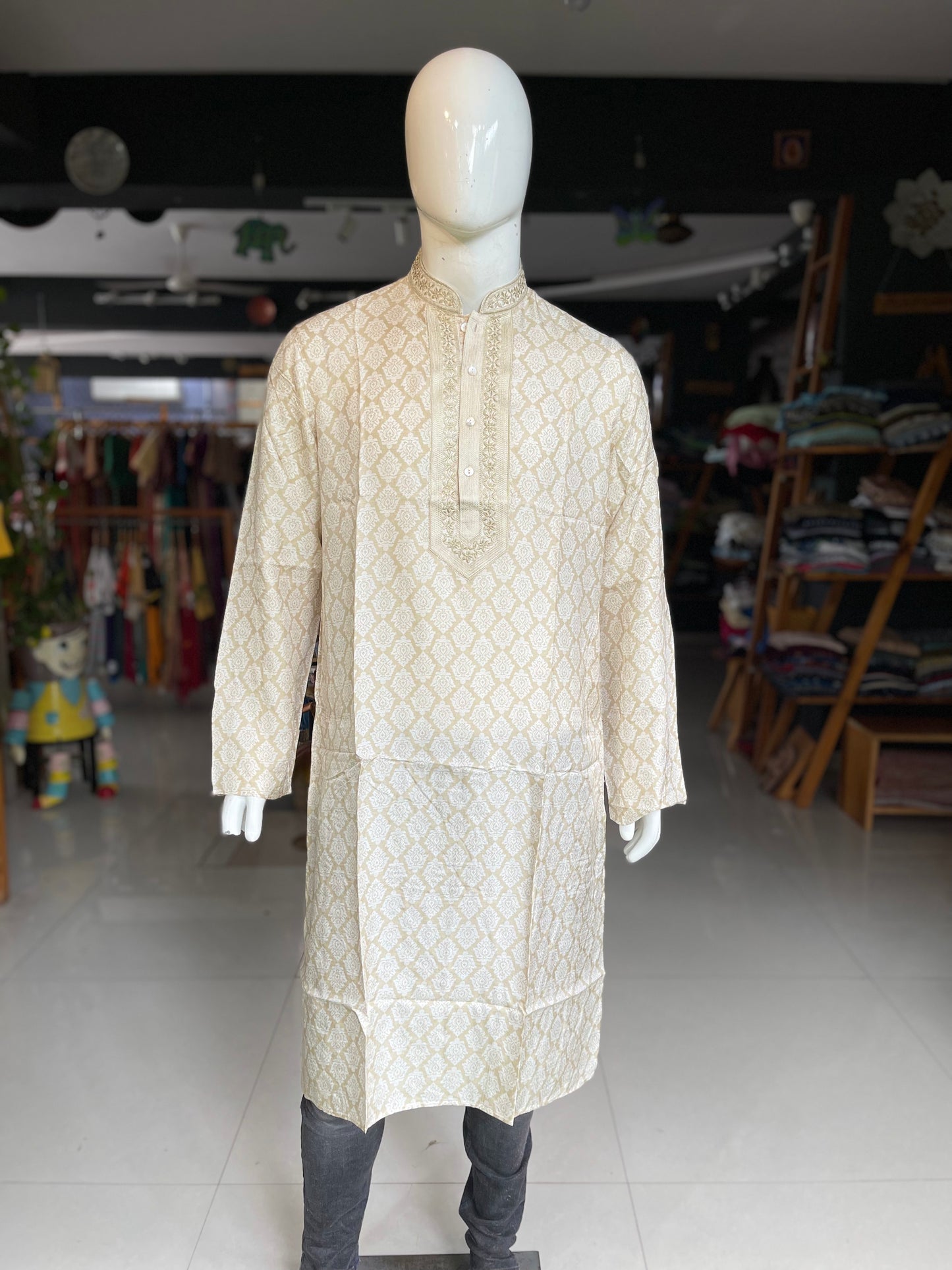 Creamish gold full sleeves long embroidered kurta for men