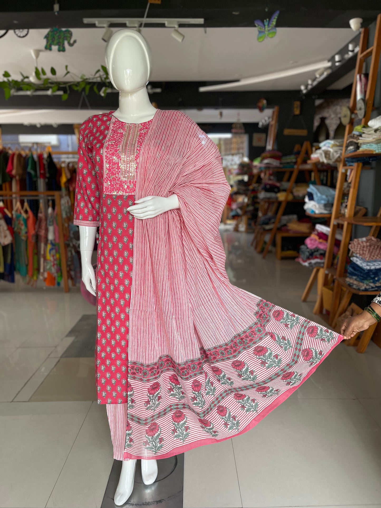Pink cotton 3 piece set with stripes dupatta and embroidered yoke