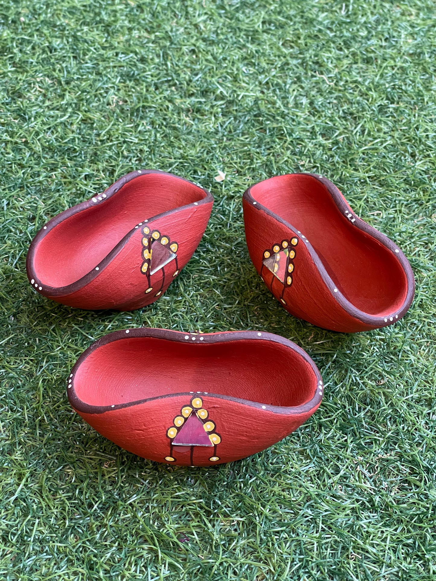 Terracotta handcrafted diya with mirrors embellishments - brick red
