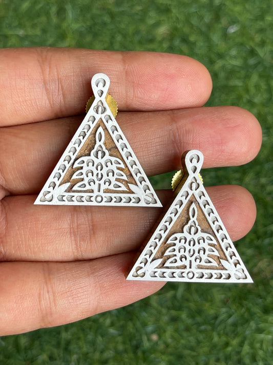 Triangle shaped wooden block carved handmade earrings / studs