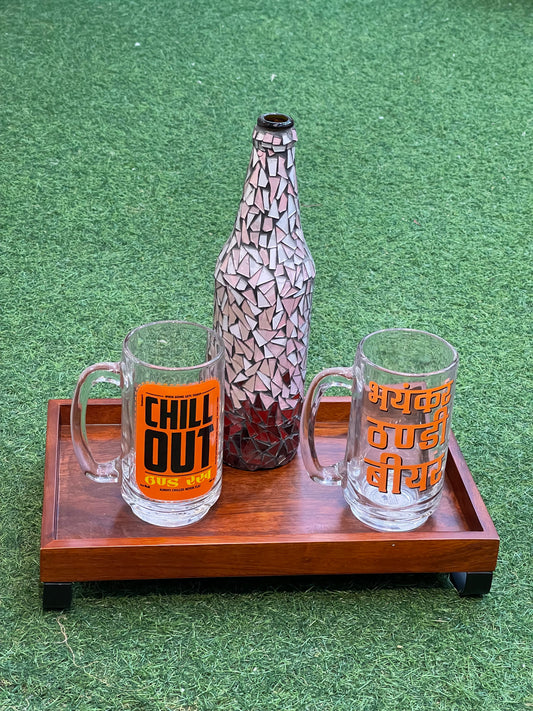 Wooden serving tray with metal stand