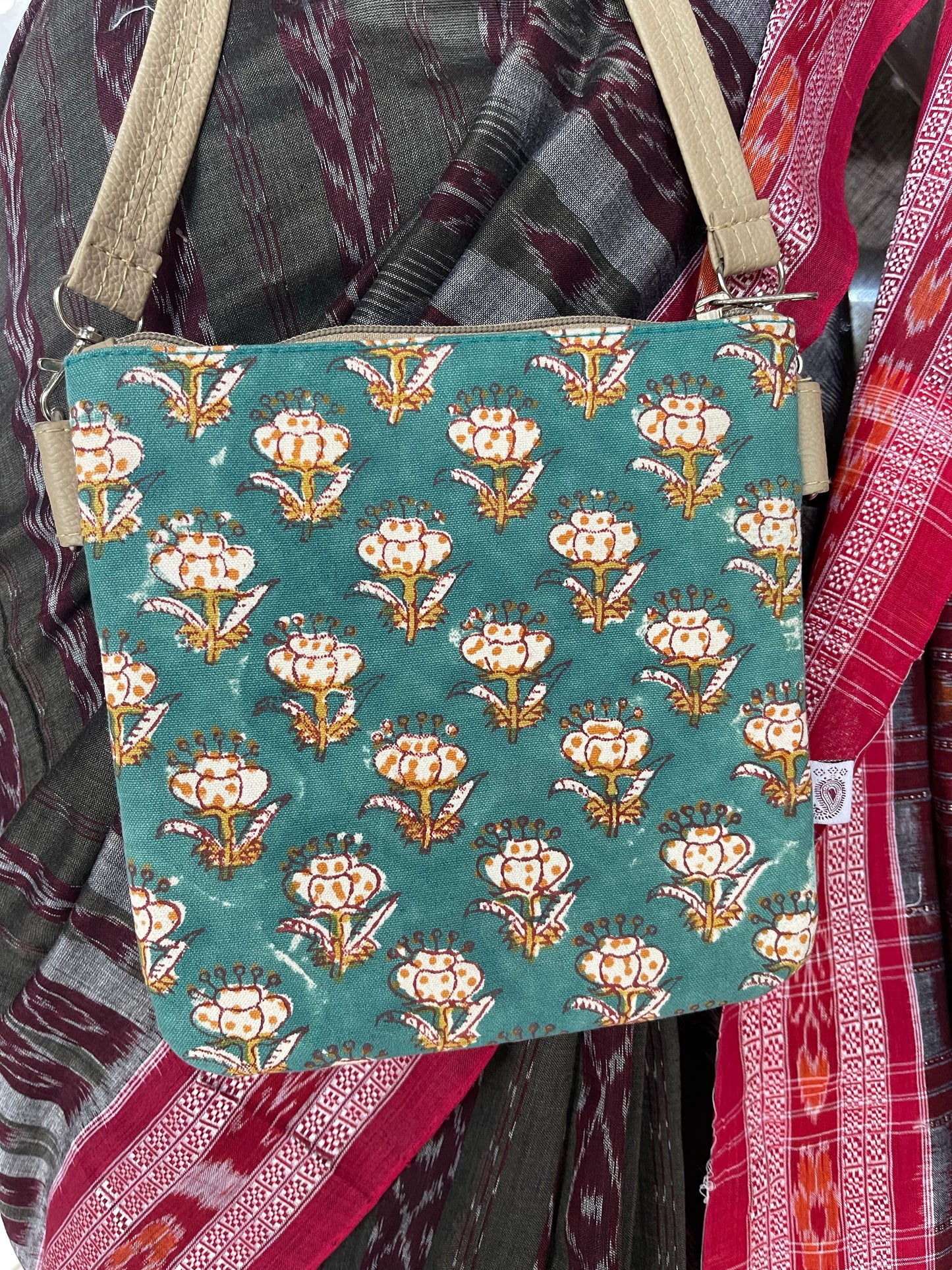 Art leather blockprint sling bag